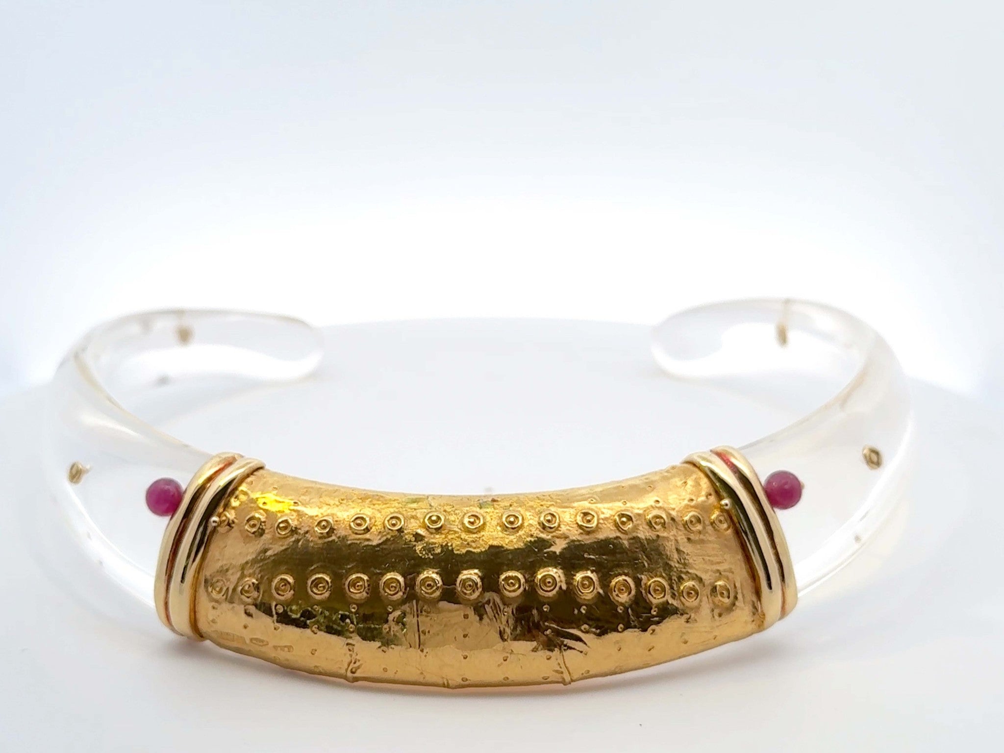 Clear Acrylic Hinge Collar Necklace 22k Yellow Gold and Rubies