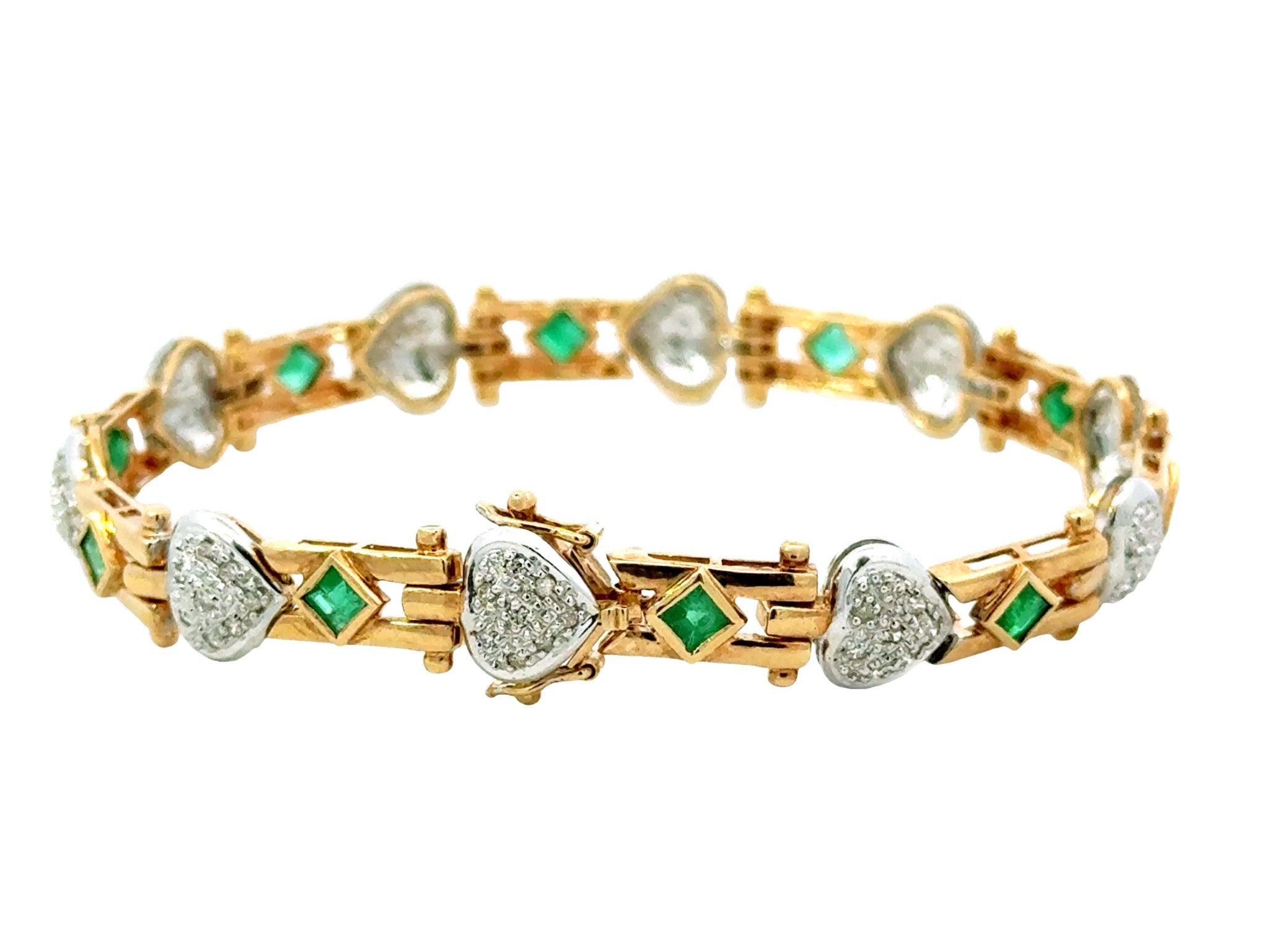 14k Yellow Gold Diamond Heart and Emerald Link Bracelet