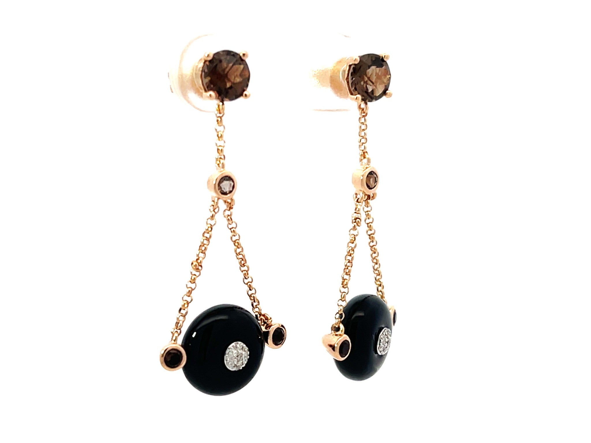 Round Black Agate Diamond and Smoky Topaz Dangly Earrings 14k Rose Gold