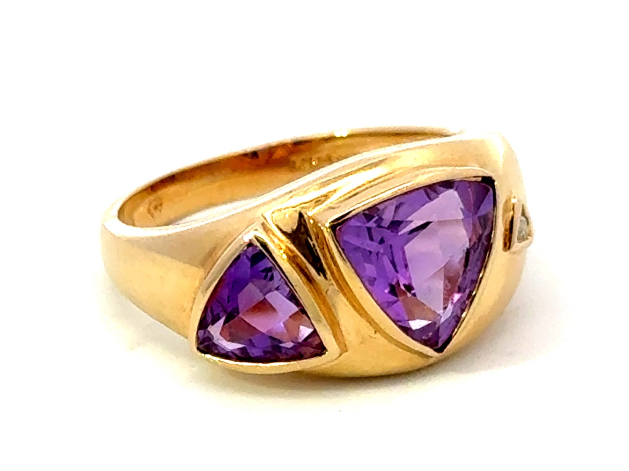 Trilliant Purple Amethyst Diamond Band Ring 14k Yellow Gold