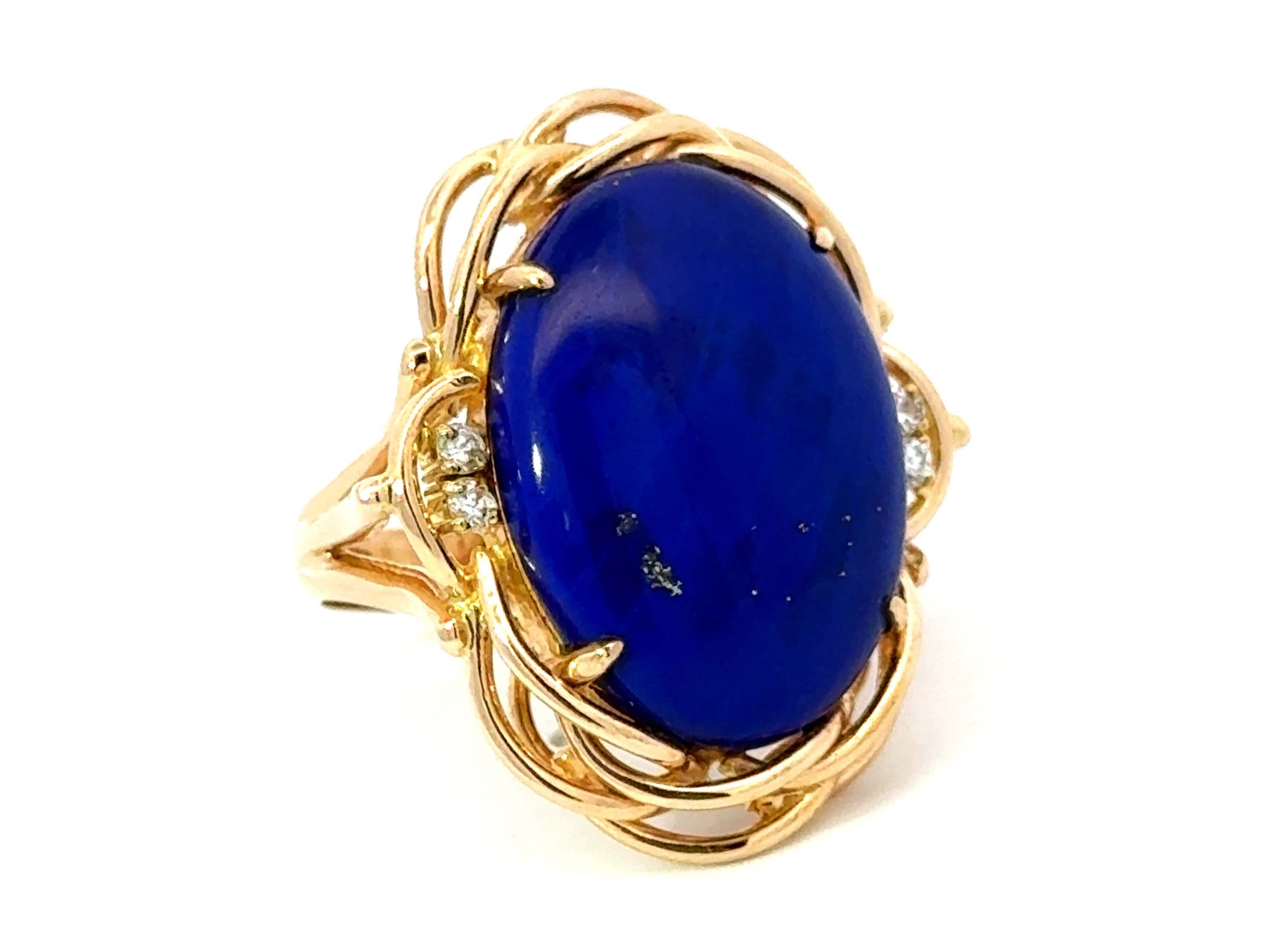 Large Oval Lapis Lazuli Diamond Cocktail Ring 14k Yellow Gold