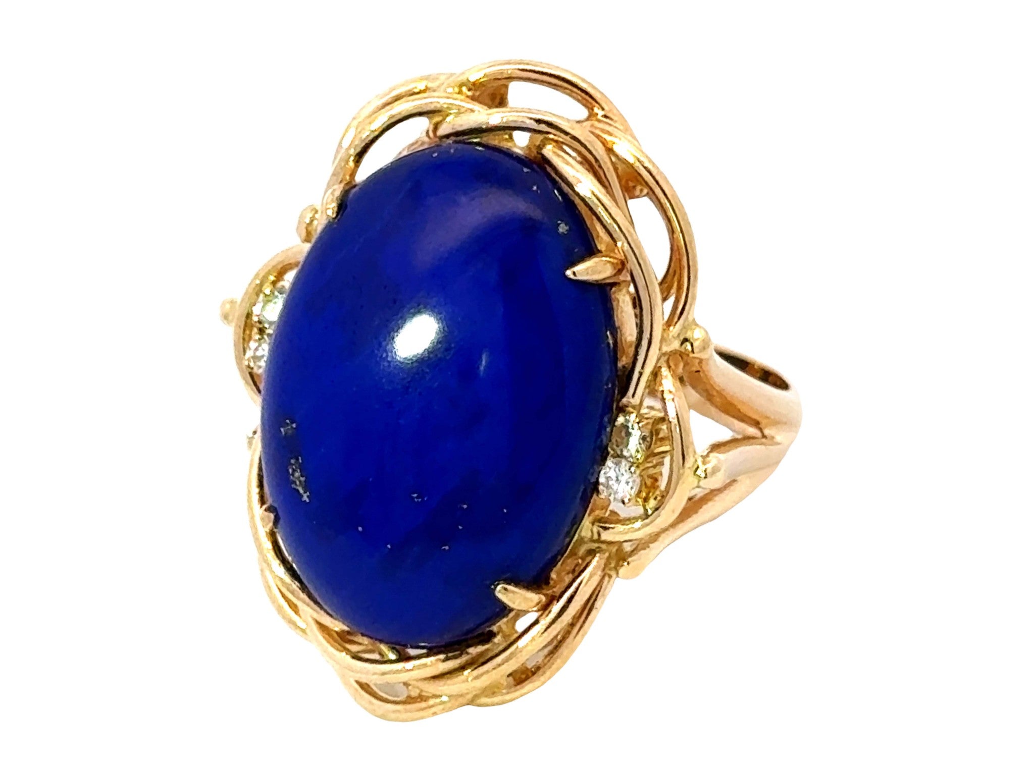 Large Oval Lapis Lazuli Diamond Cocktail Ring 14k Yellow Gold