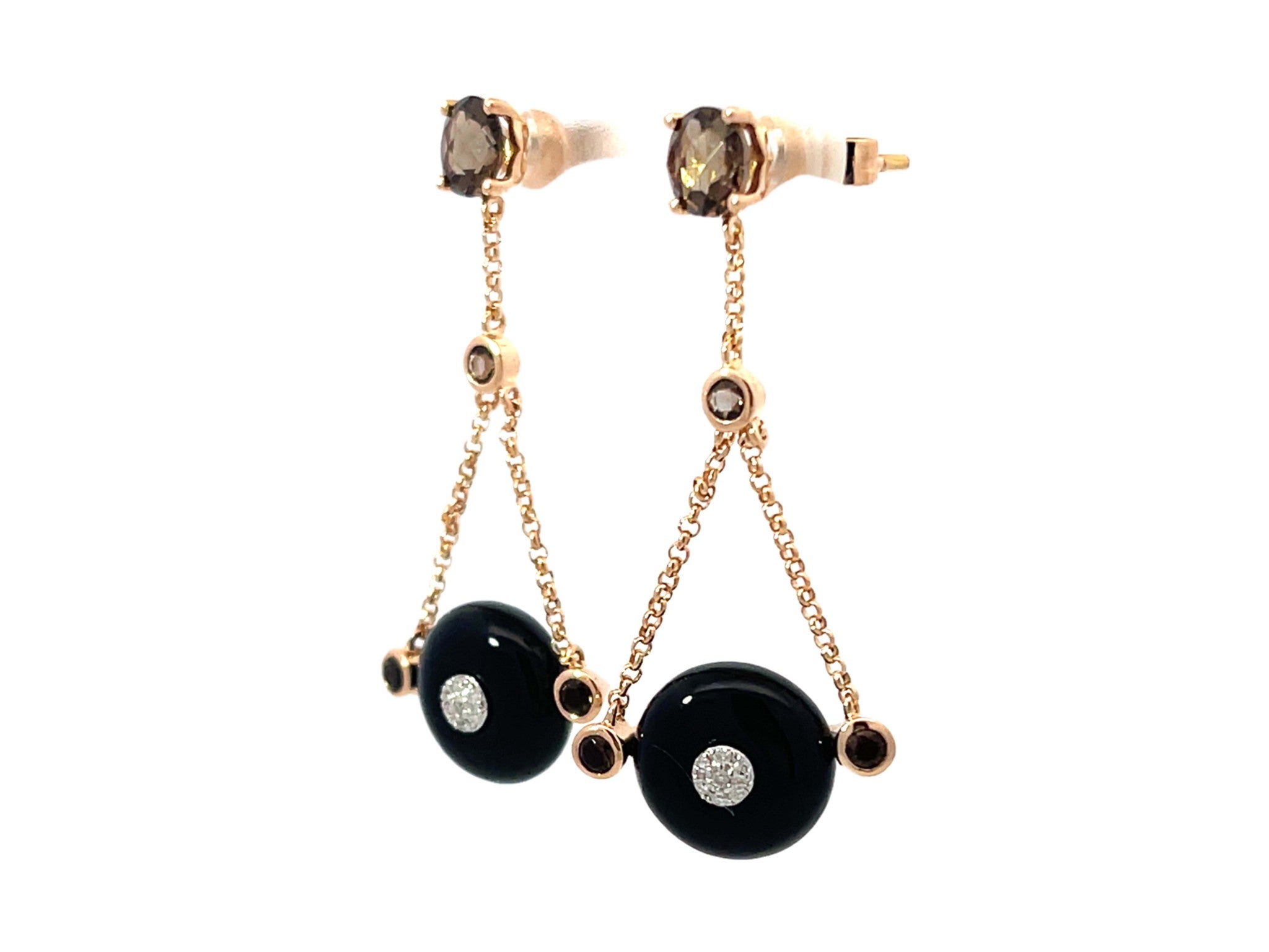 Round Black Agate Diamond and Smoky Topaz Dangly Earrings 14k Rose Gold