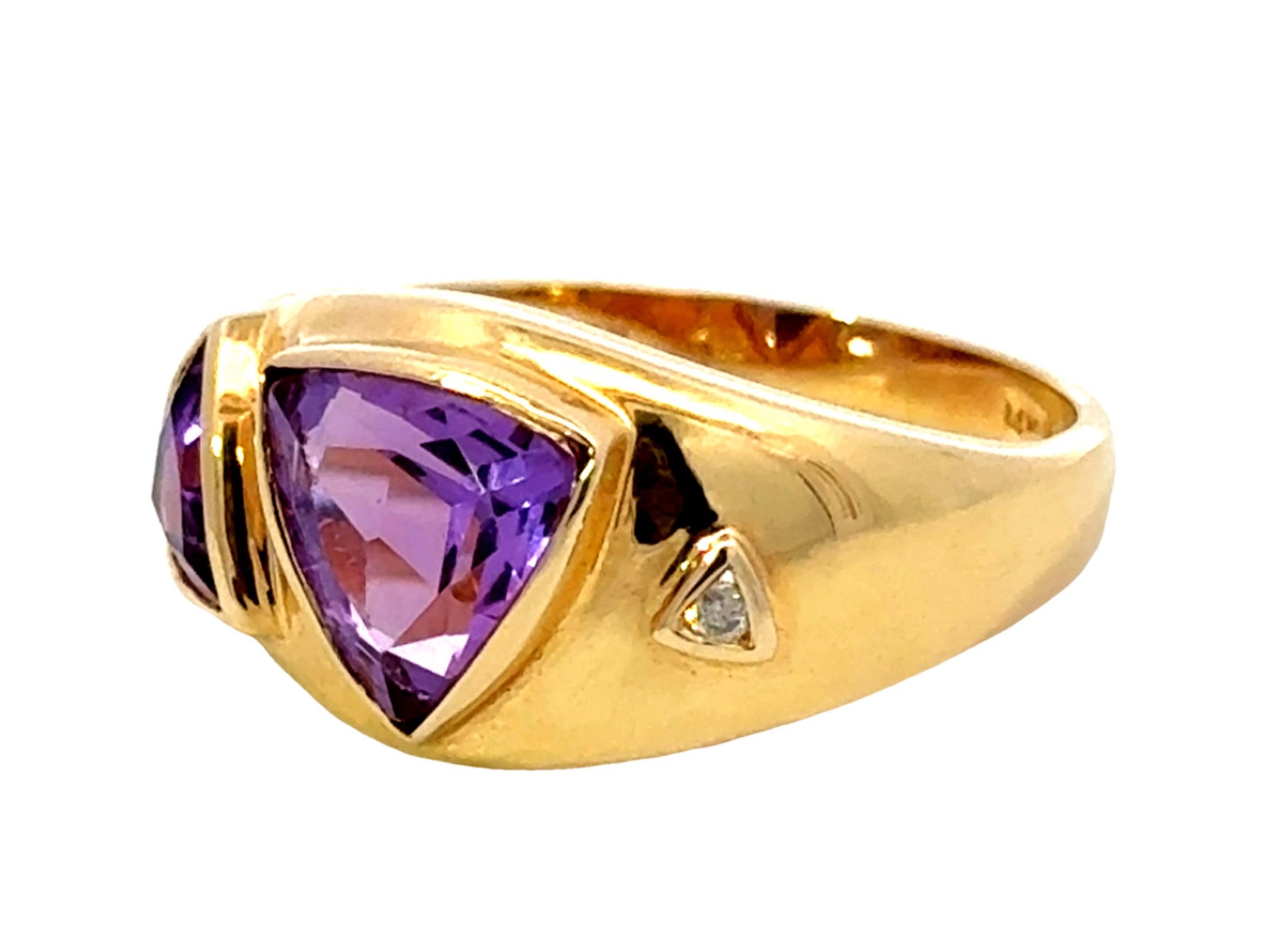 Trilliant Purple Amethyst Diamond Band Ring 14k Yellow Gold