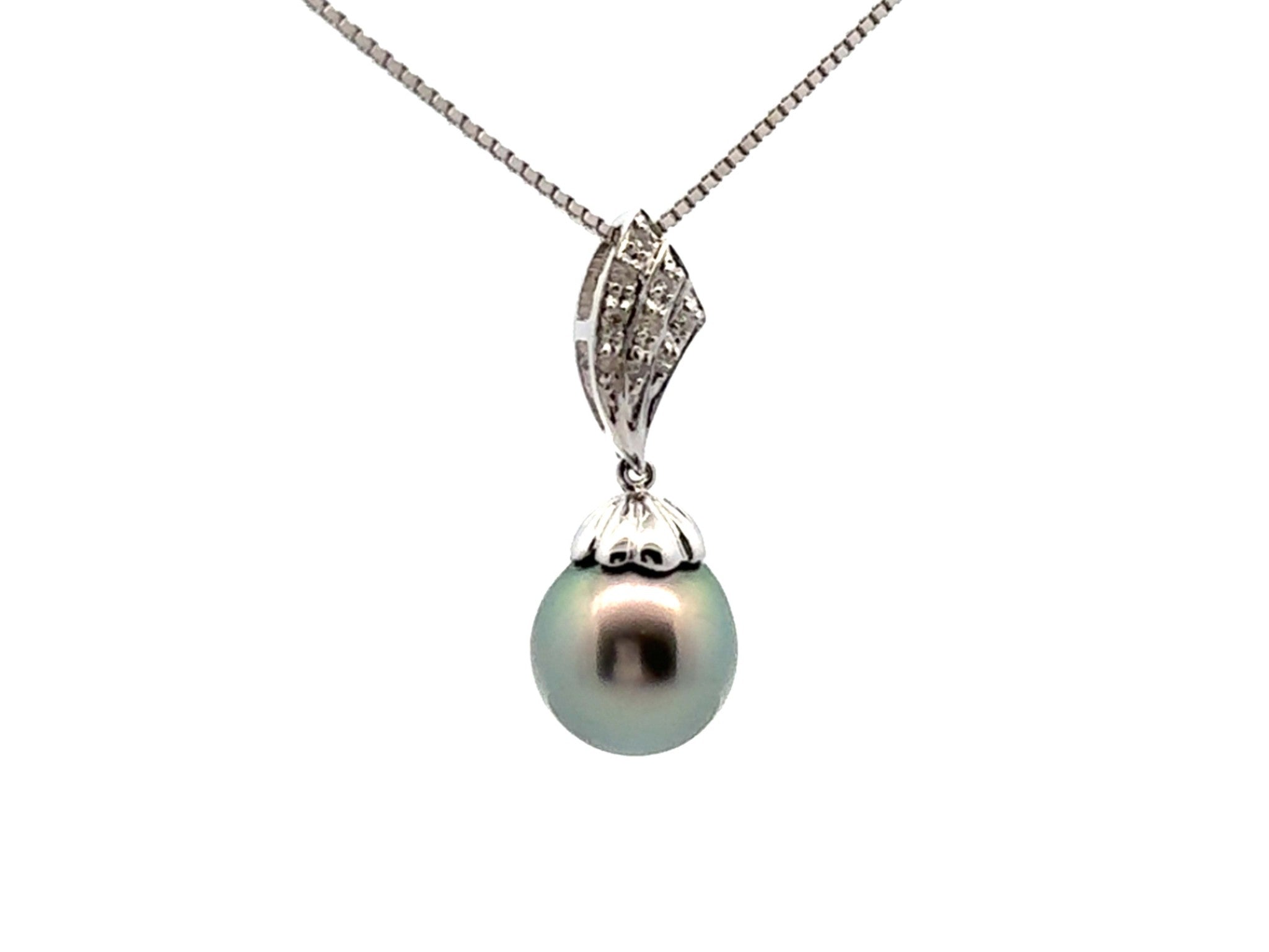 Tahitian Pearl Diamond Pendant Necklace 14k and 18k White Gold