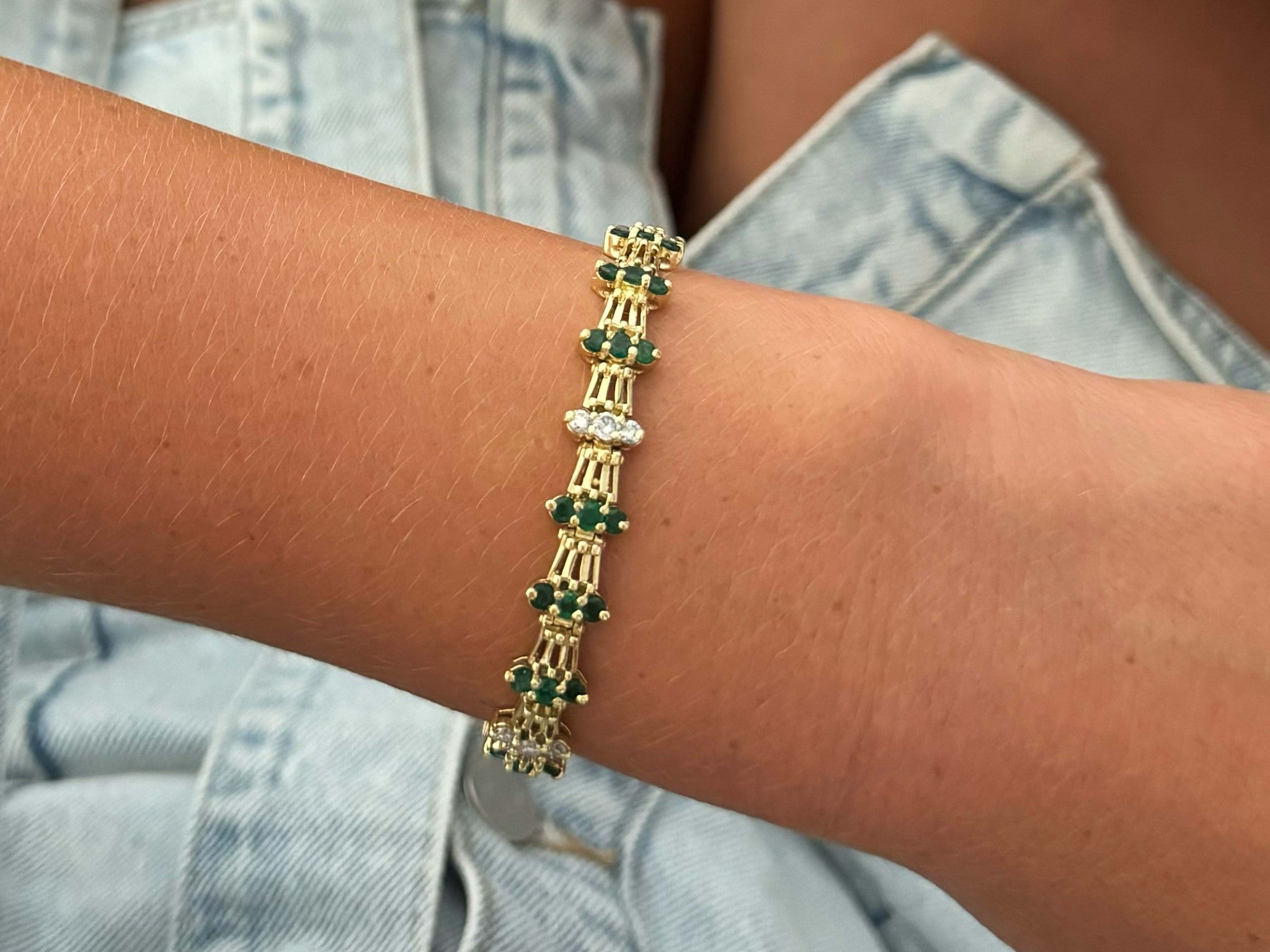 Emerald and Diamond Link Bracelet 14k Yellow Gold