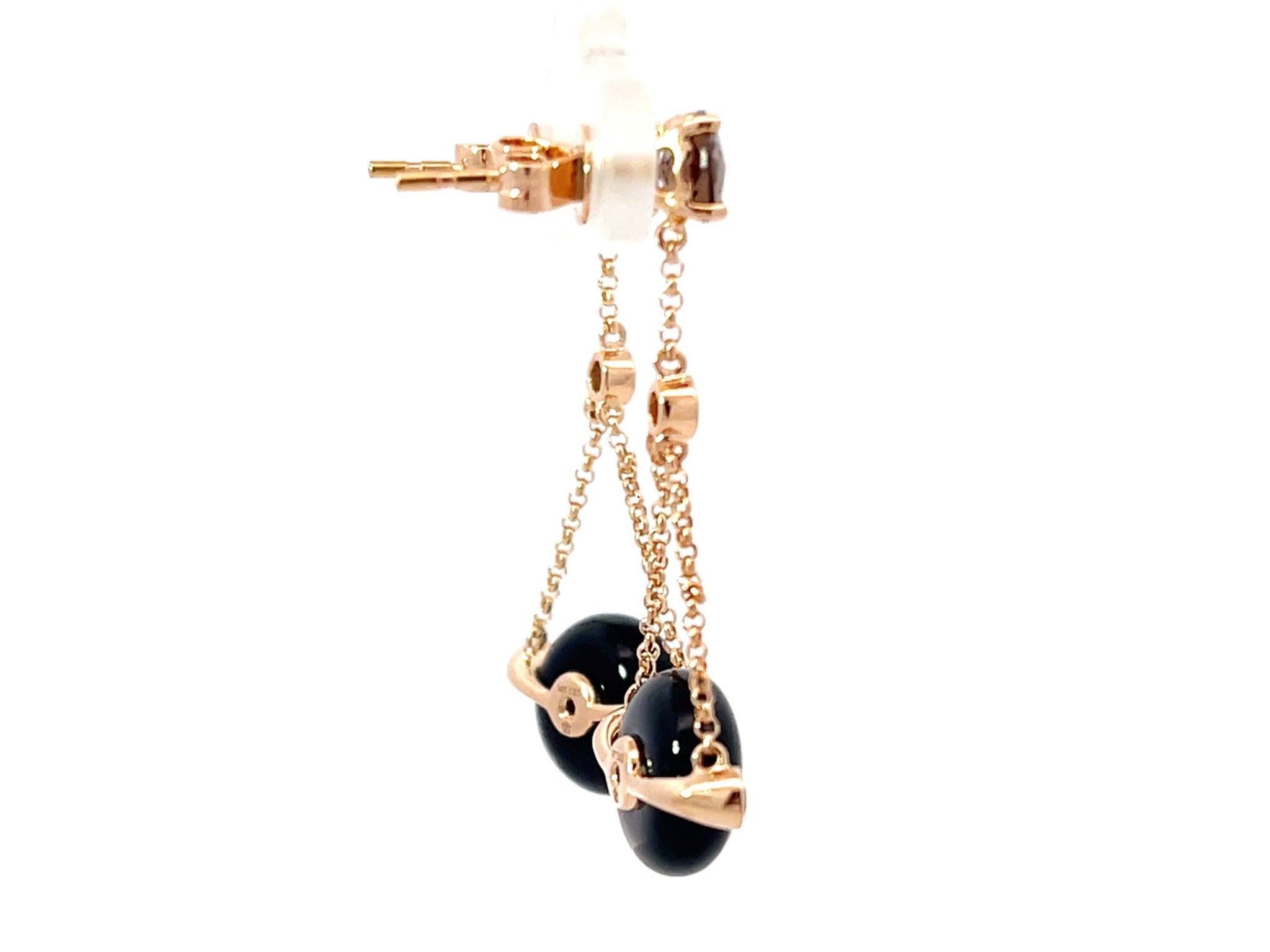 Round Black Agate Diamond and Smoky Topaz Dangly Earrings 14k Rose Gold