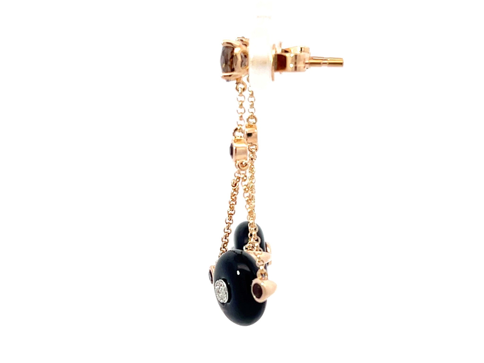 Round Black Agate Diamond and Smoky Topaz Dangly Earrings 14k Rose Gold