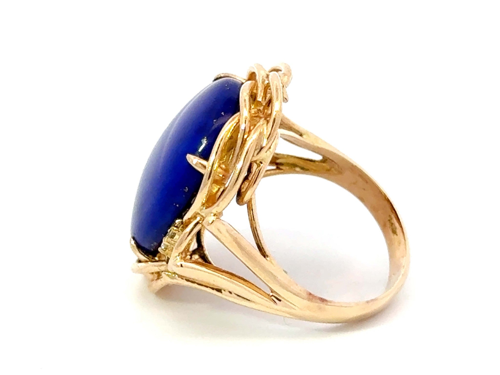 Large Oval Lapis Lazuli Diamond Cocktail Ring 14k Yellow Gold