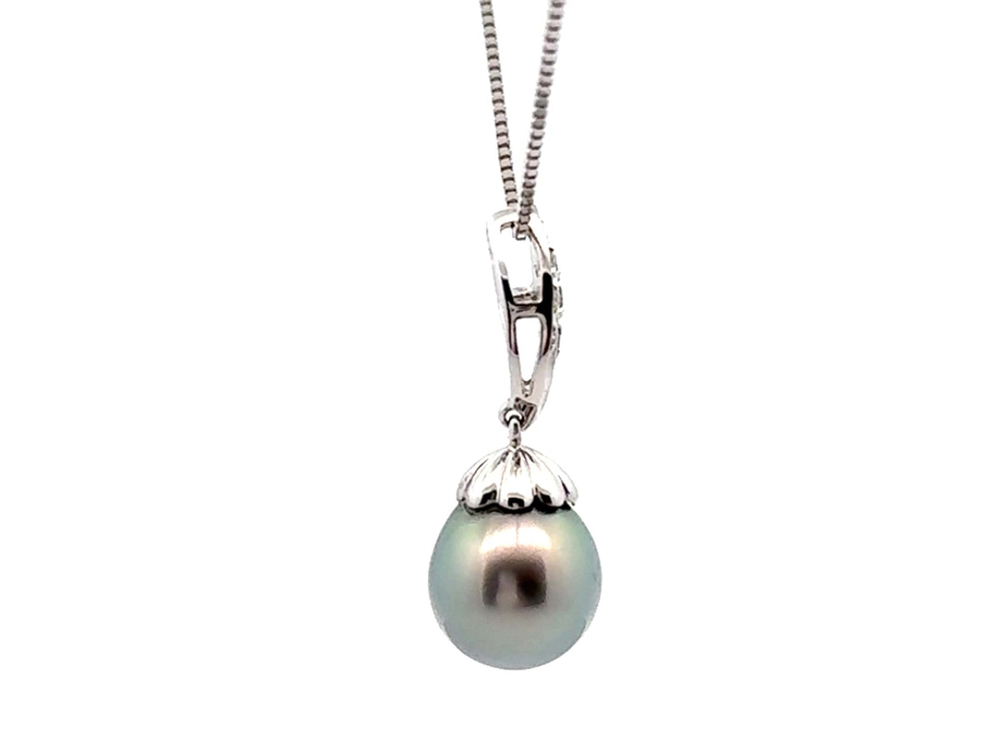 Tahitian Pearl Diamond Pendant Necklace 14k and 18k White Gold