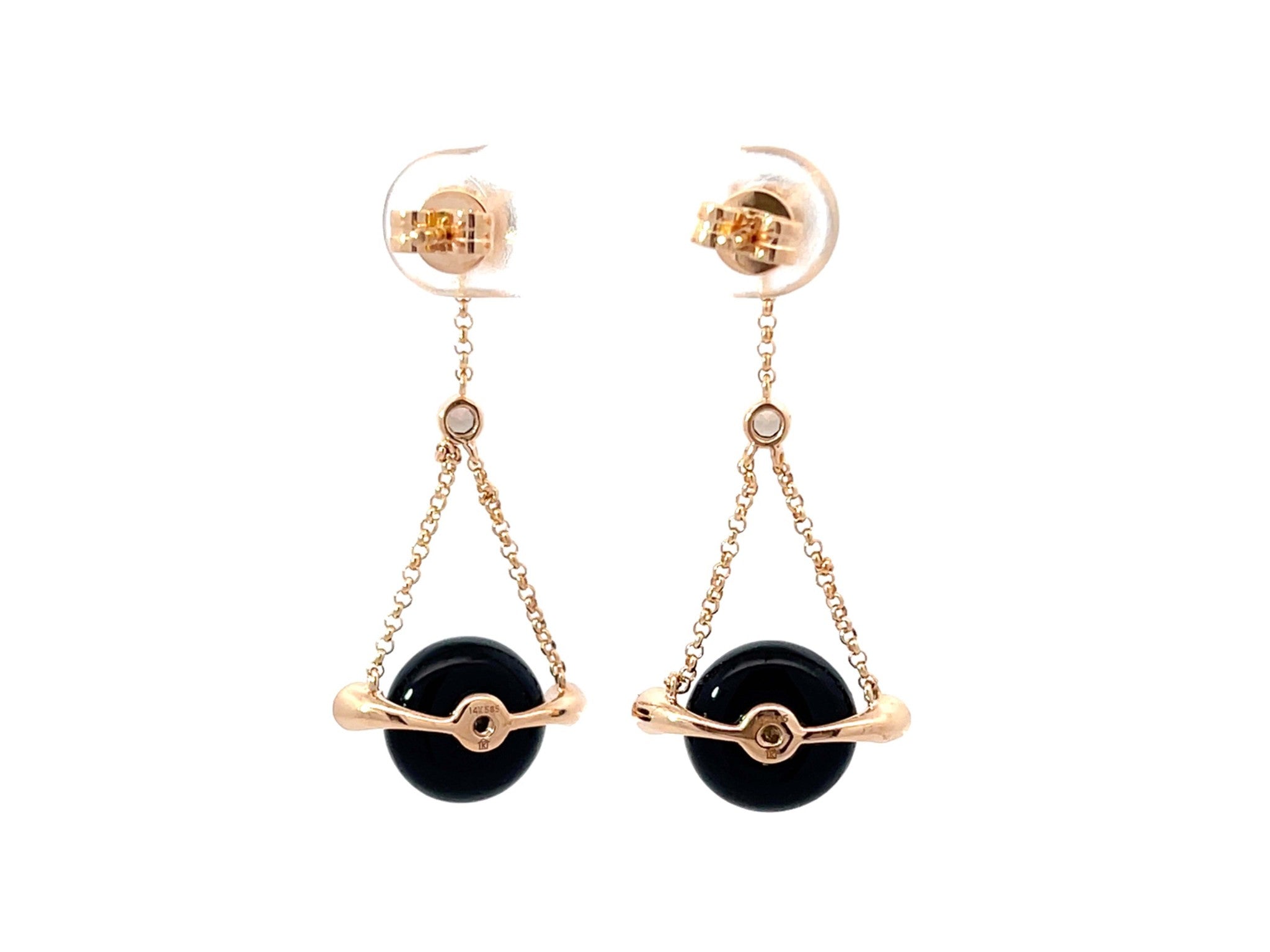 Round Black Agate Diamond and Smoky Topaz Dangly Earrings 14k Rose Gold