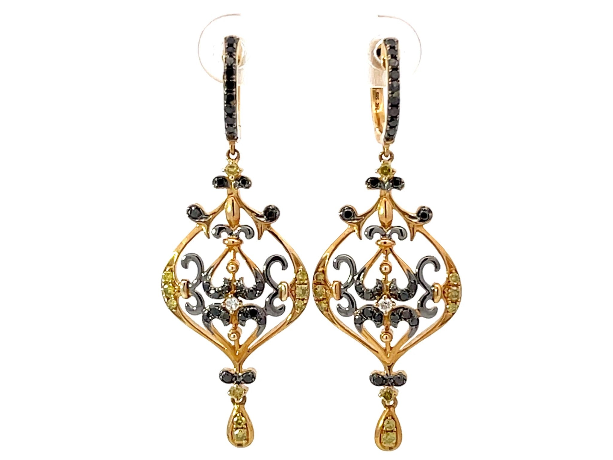 Dangly Black Onyx Diamond Earrings 14k Yellow Gold