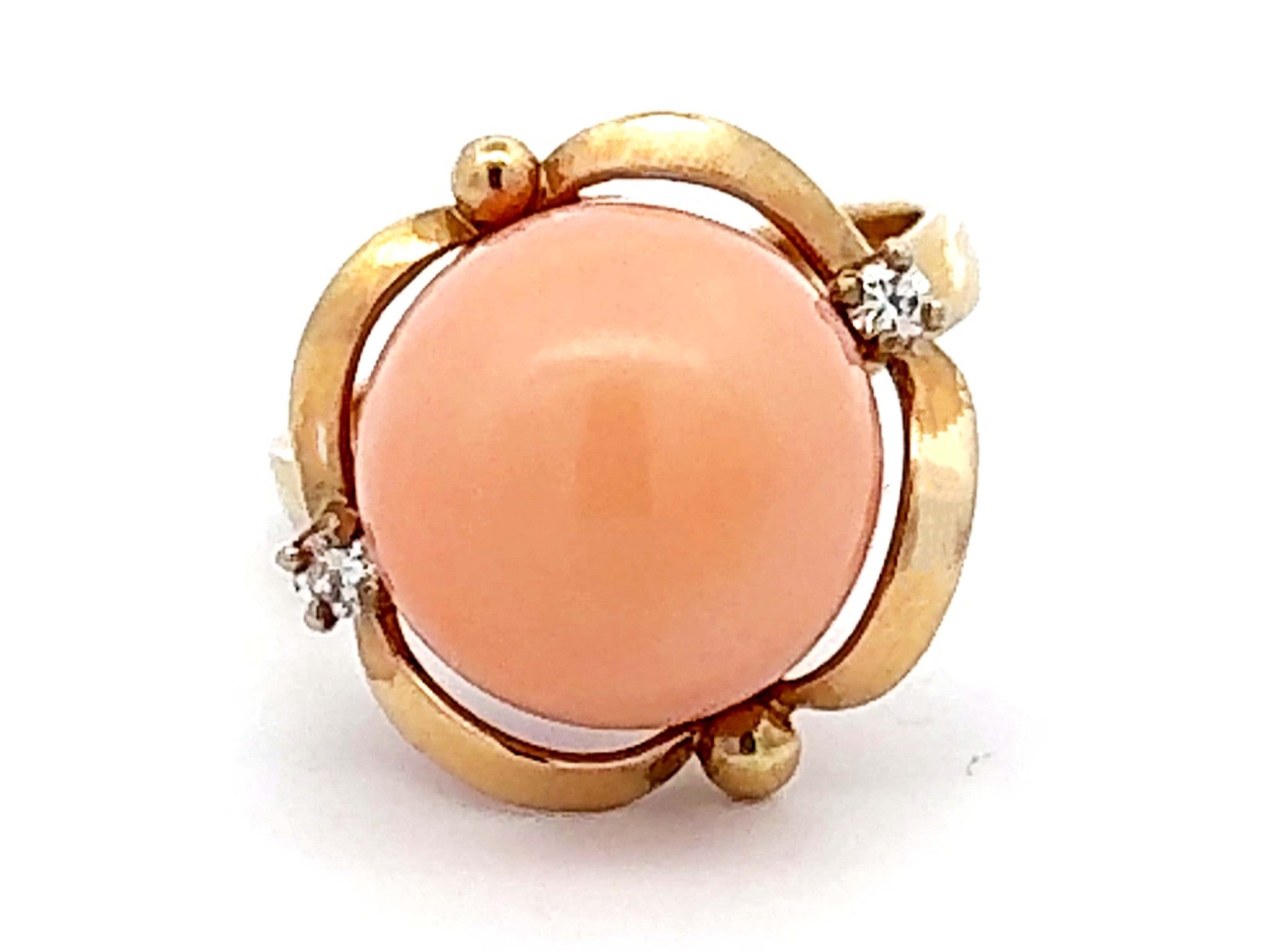 Angel Skin Coral Sphere Diamond Ring 14k Yellow Gold