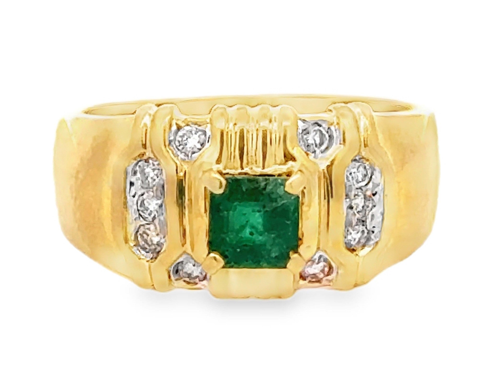 Green Square Emerald and Diamond Band Ring 18k Yellow Gold