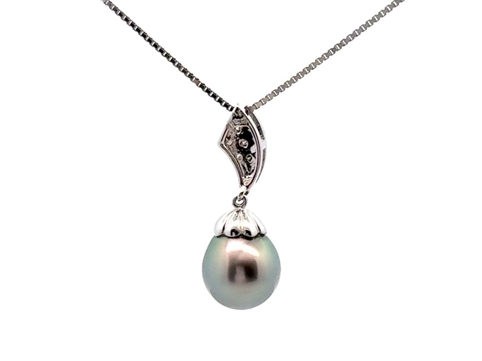 Tahitian Pearl Diamond Pendant Necklace 14k and 18k White Gold