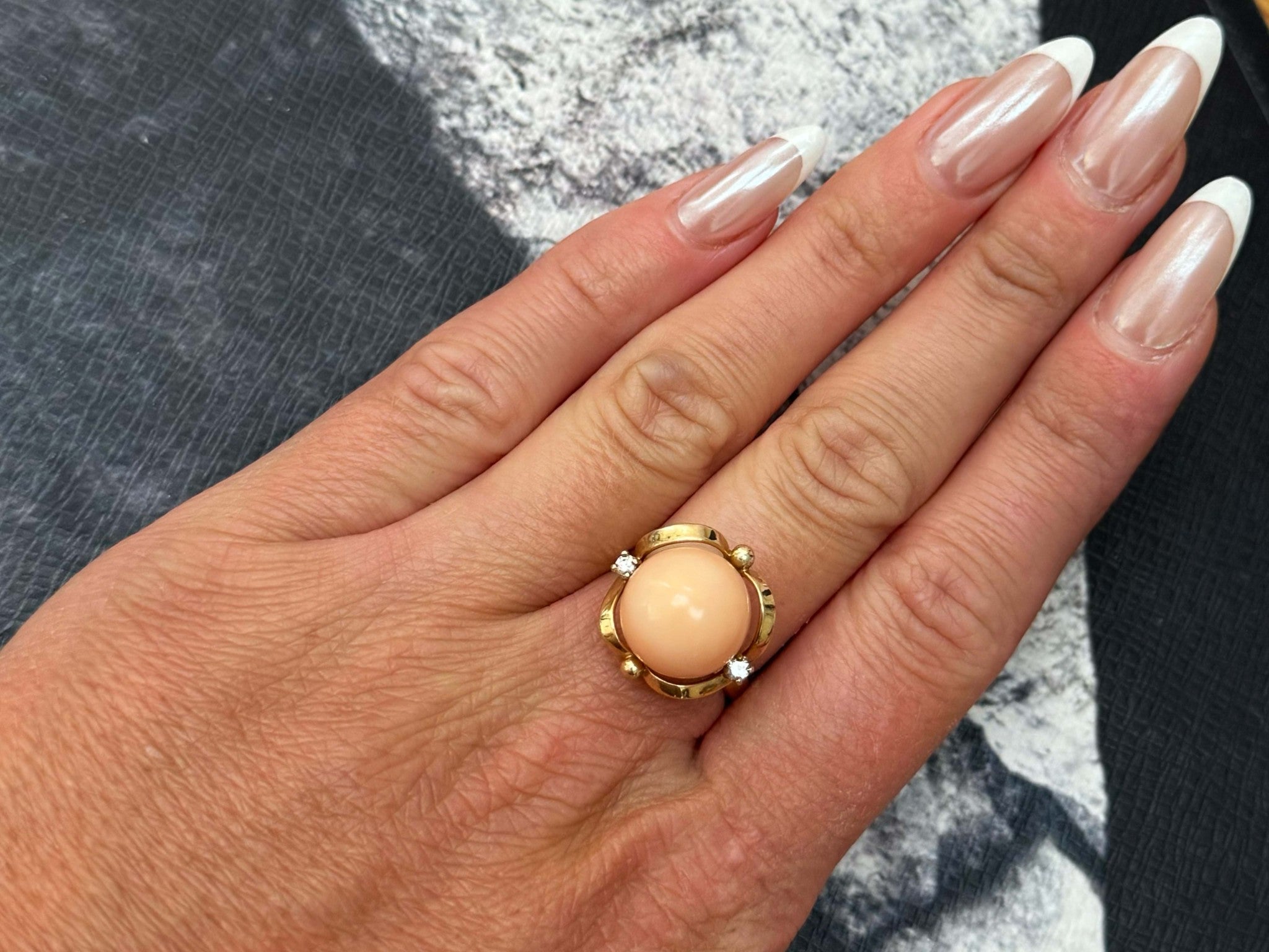 Angel Skin Coral Sphere Diamond Ring 14k Yellow Gold