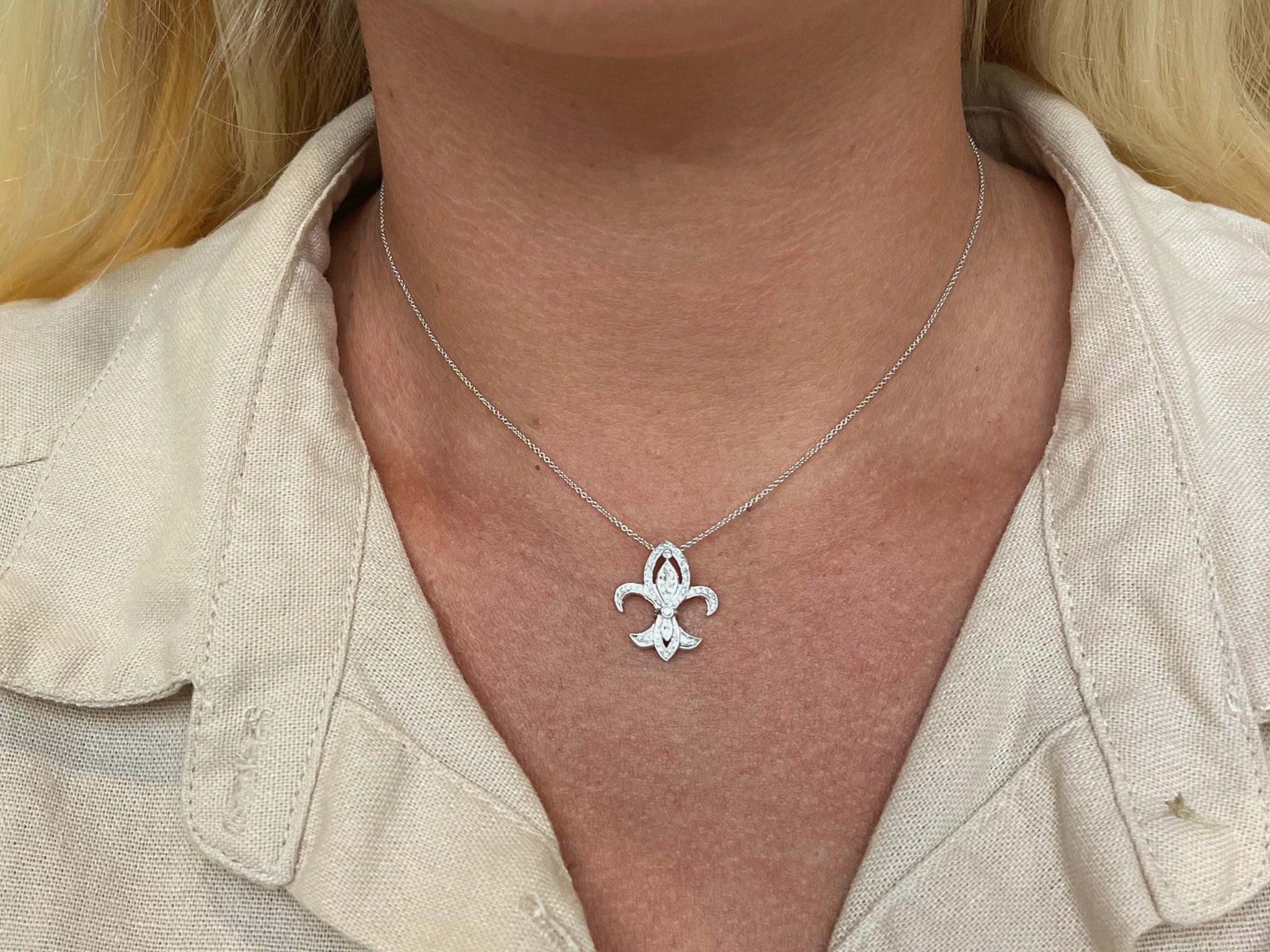 Diamond Fleur De Lis Beverley K Necklace Solid White Gold