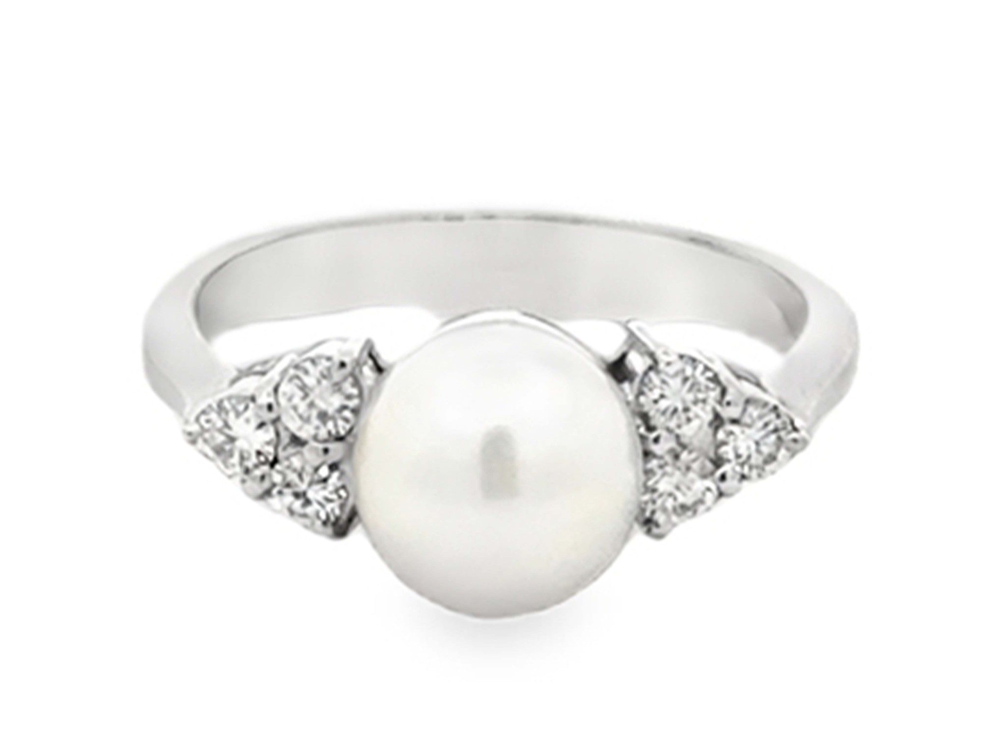 Round White Akoya Pearl and Diamond Ring 14K Solid White Gold