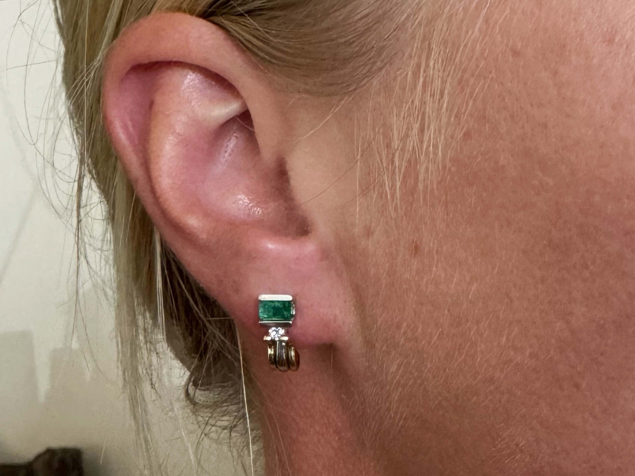 BH Emerald Diamond 14K Two Toned Gold Earrings