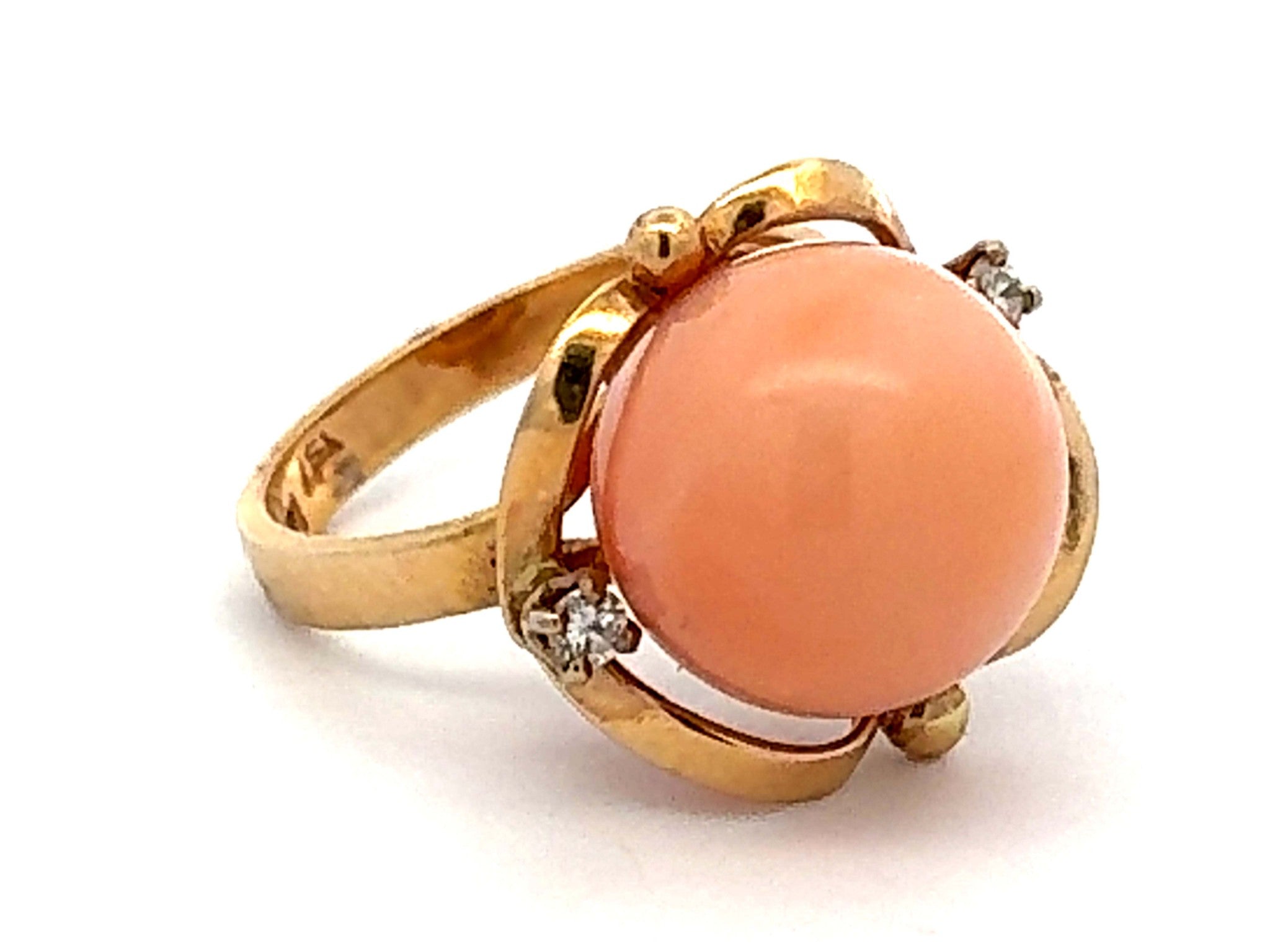 Angel Skin Coral Sphere Diamond Ring 14k Yellow Gold