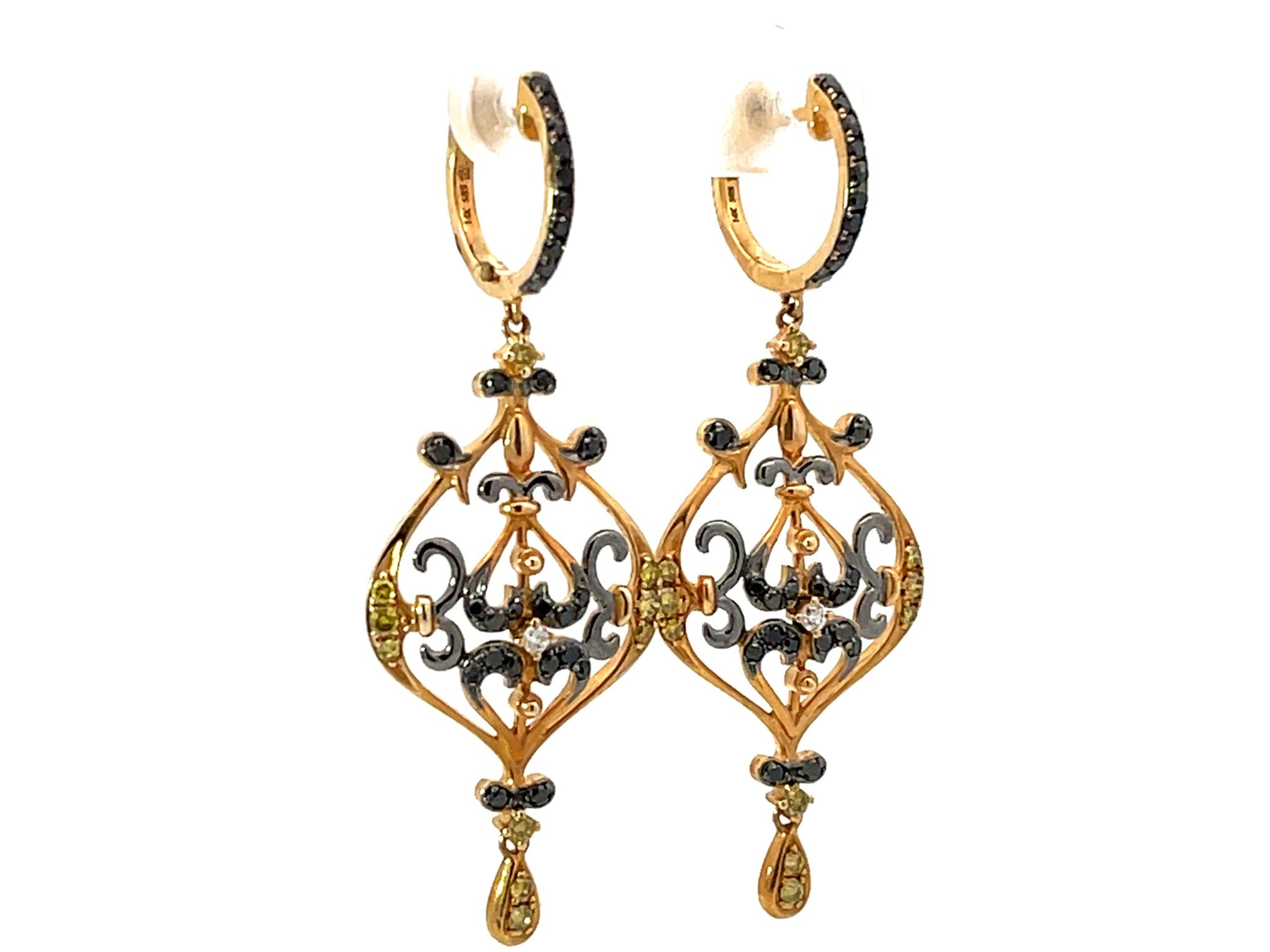 Dangly Black Onyx Diamond Earrings 14k Yellow Gold