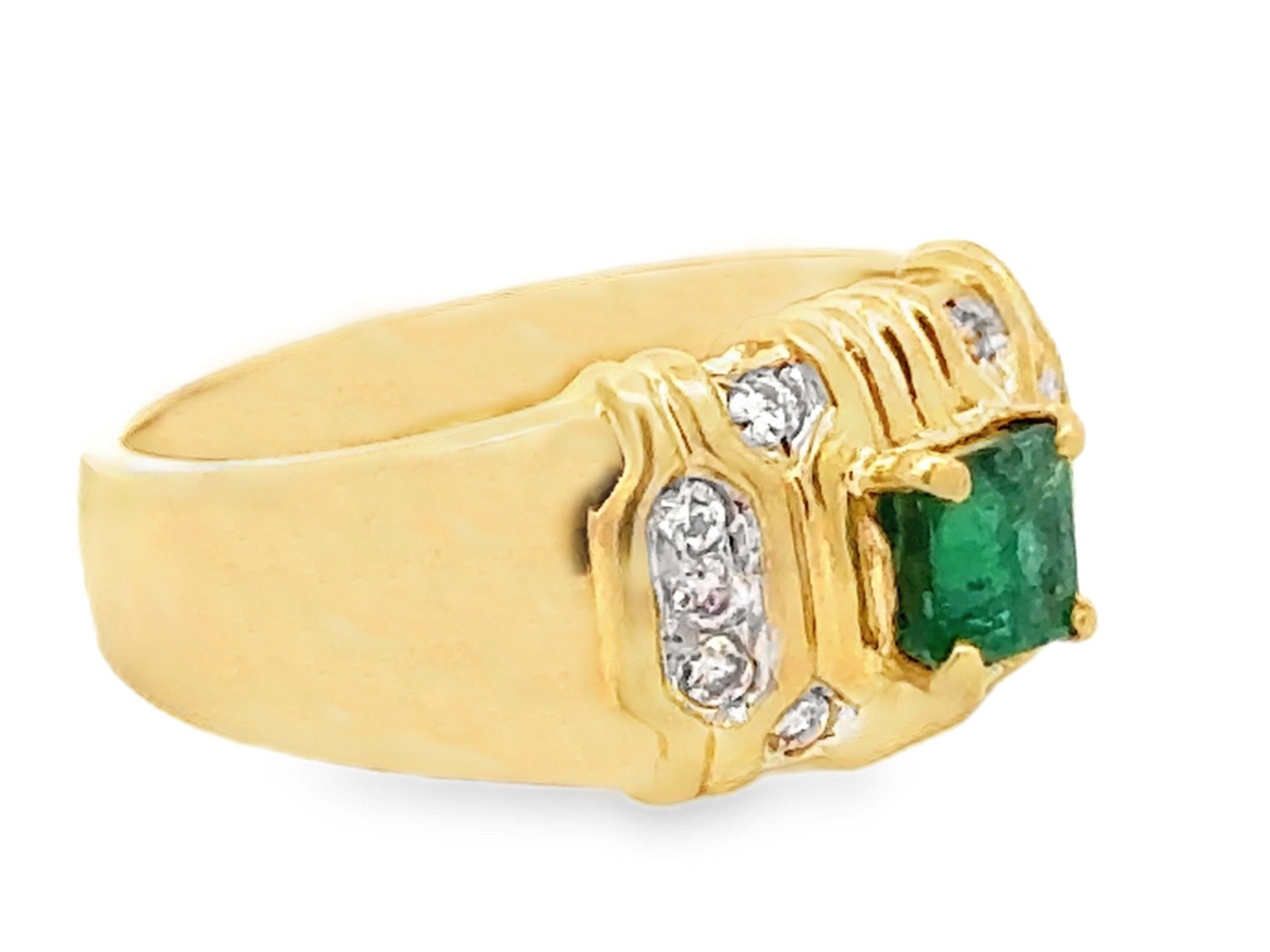 Green Square Emerald and Diamond Band Ring 18k Yellow Gold