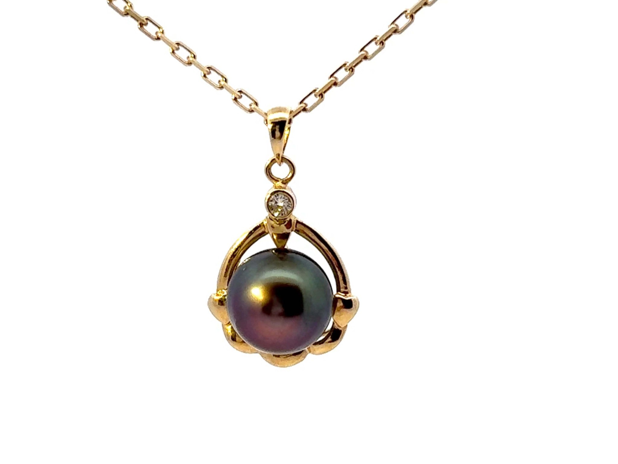 Tahitian Pearl Diamond Pendant Necklace Solid 14k Yellow Gold