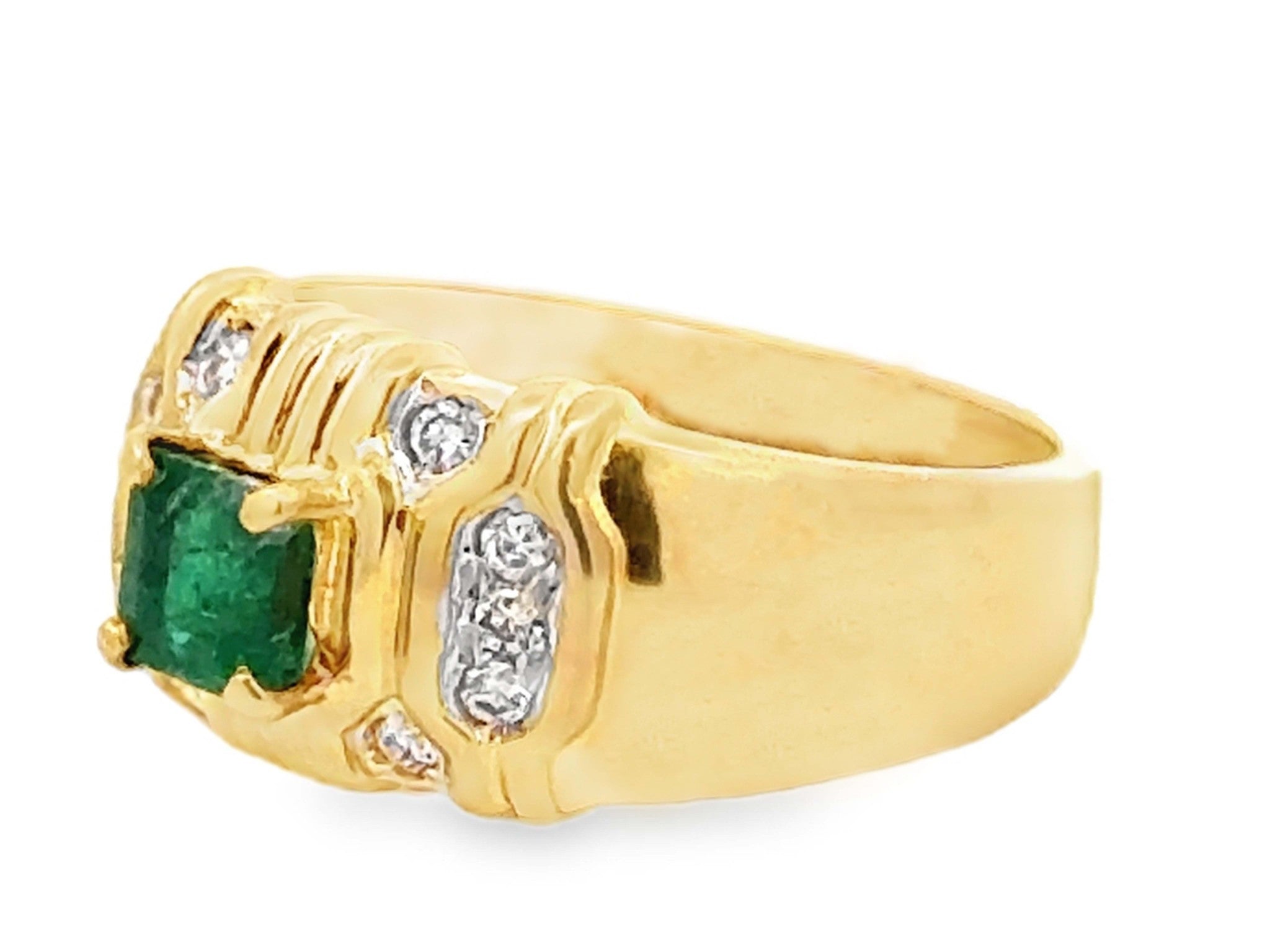 Green Square Emerald and Diamond Band Ring 18k Yellow Gold