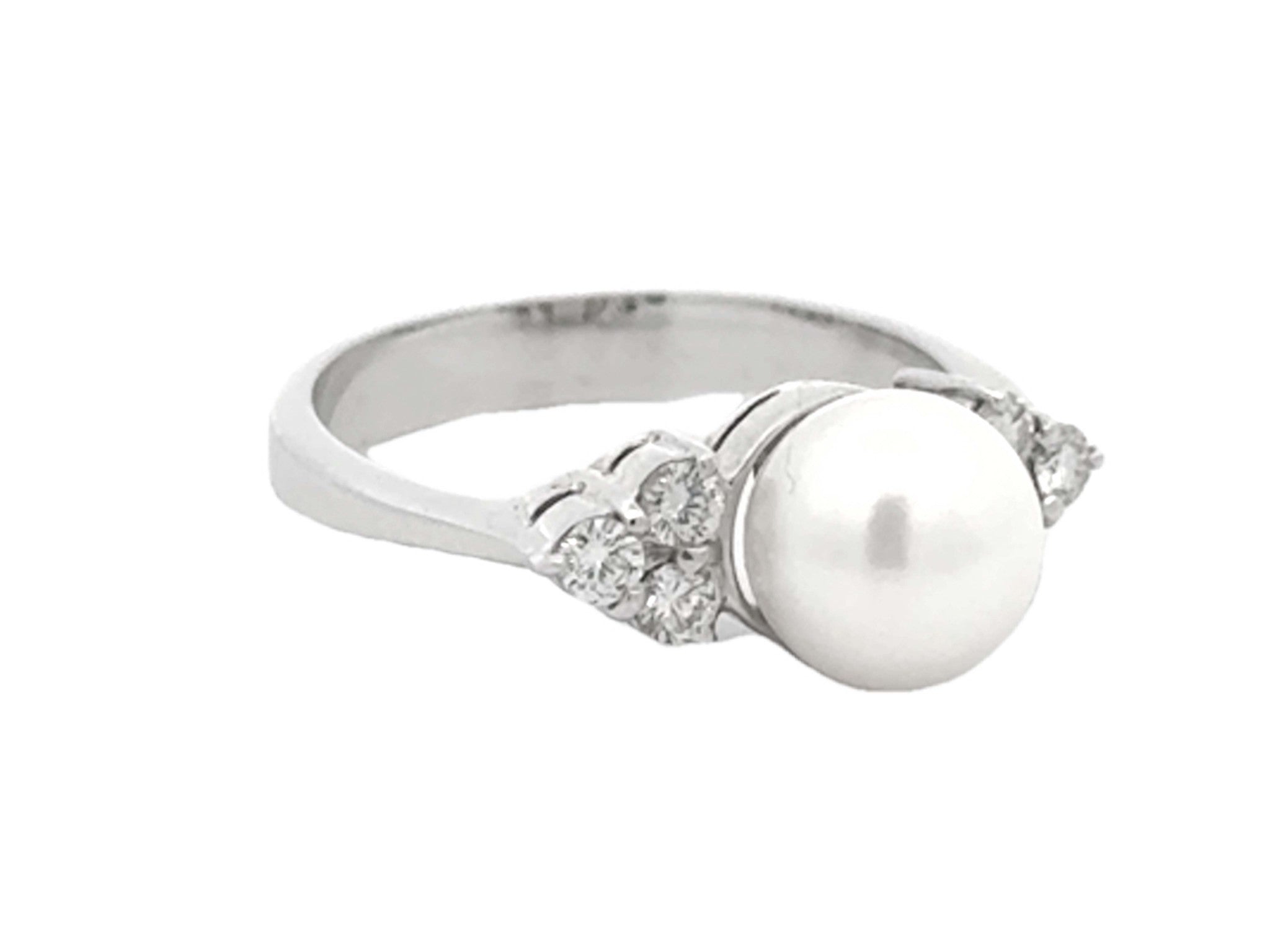 Round White Akoya Pearl and Diamond Ring 14K Solid White Gold