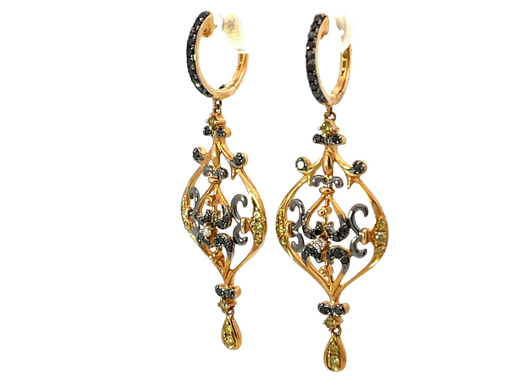 Dangly Black Onyx Diamond Earrings 14k Yellow Gold