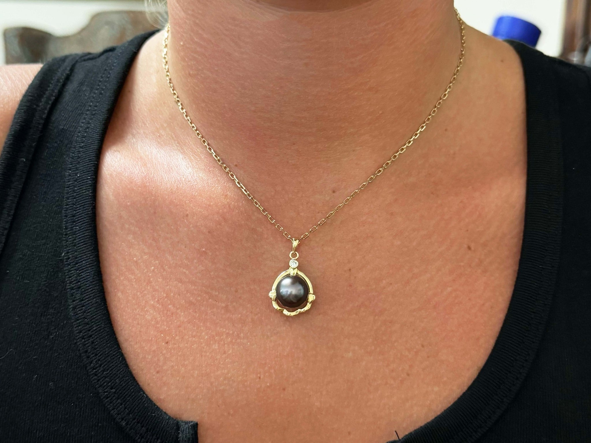 Tahitian Pearl Diamond Pendant Necklace Solid 14k Yellow Gold