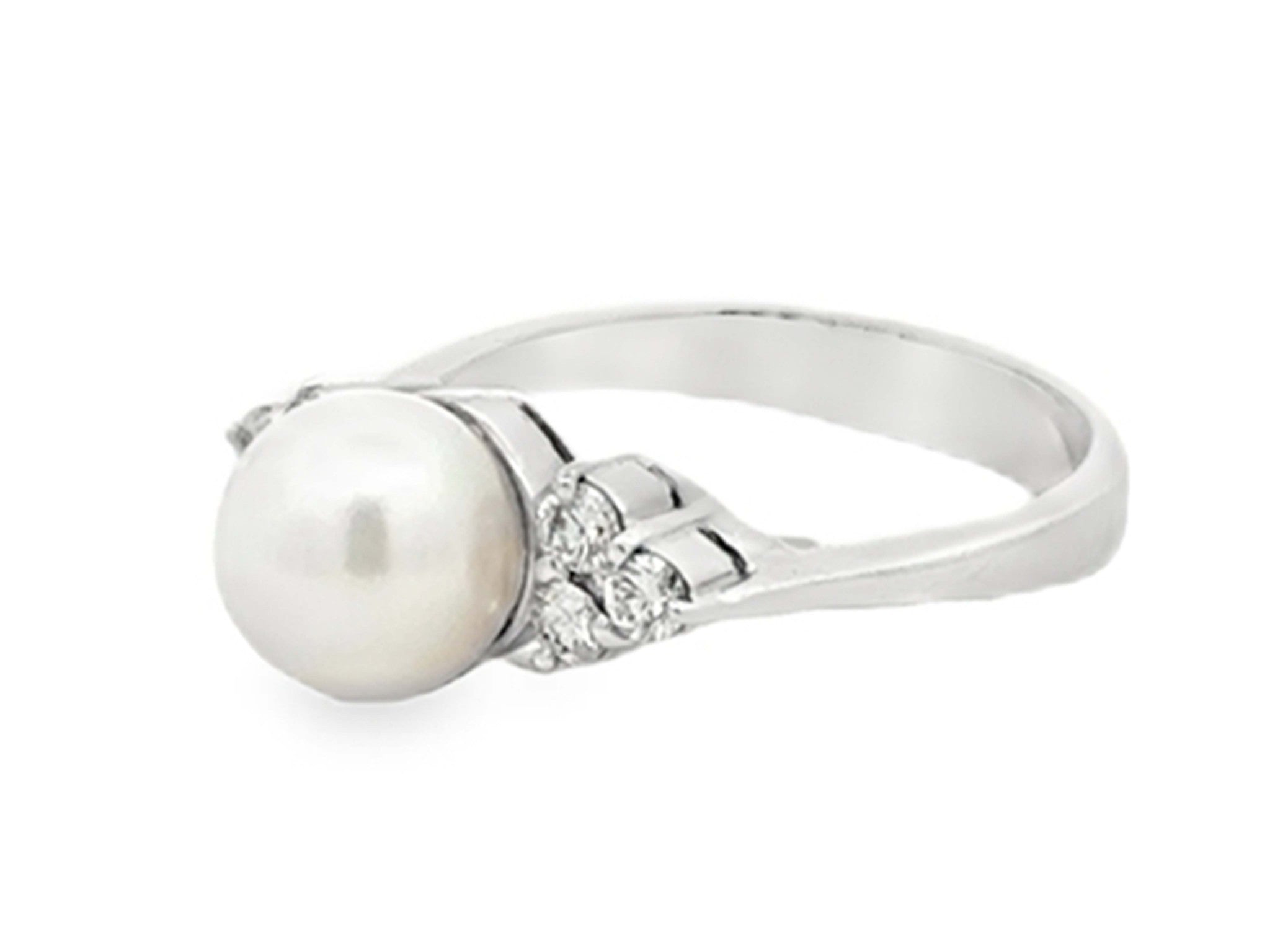 Round White Akoya Pearl and Diamond Ring 14K Solid White Gold