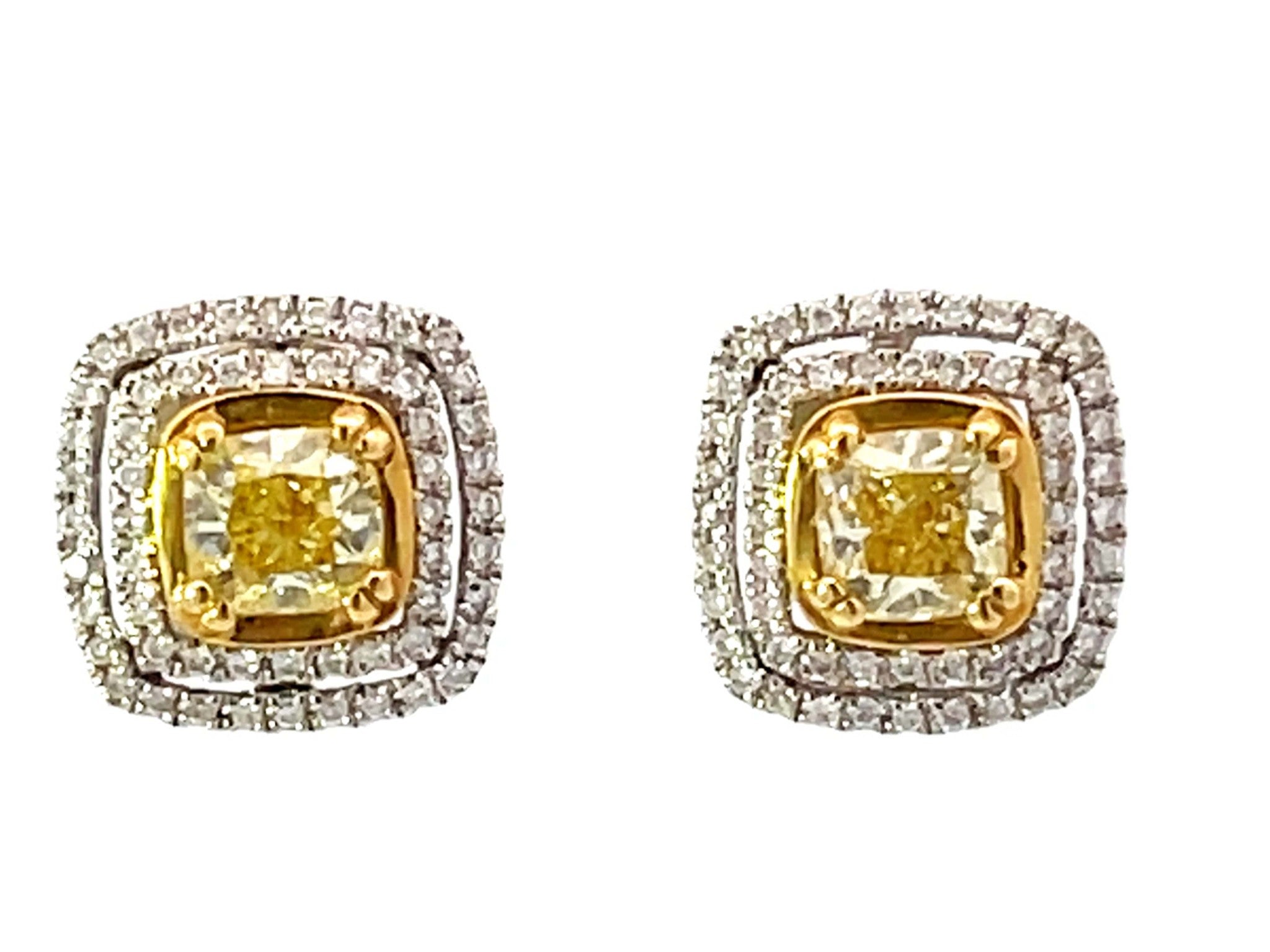 Fancy Yellow Cushion Cut Diamond Earrings with Double Diamond Halo 18k Gold