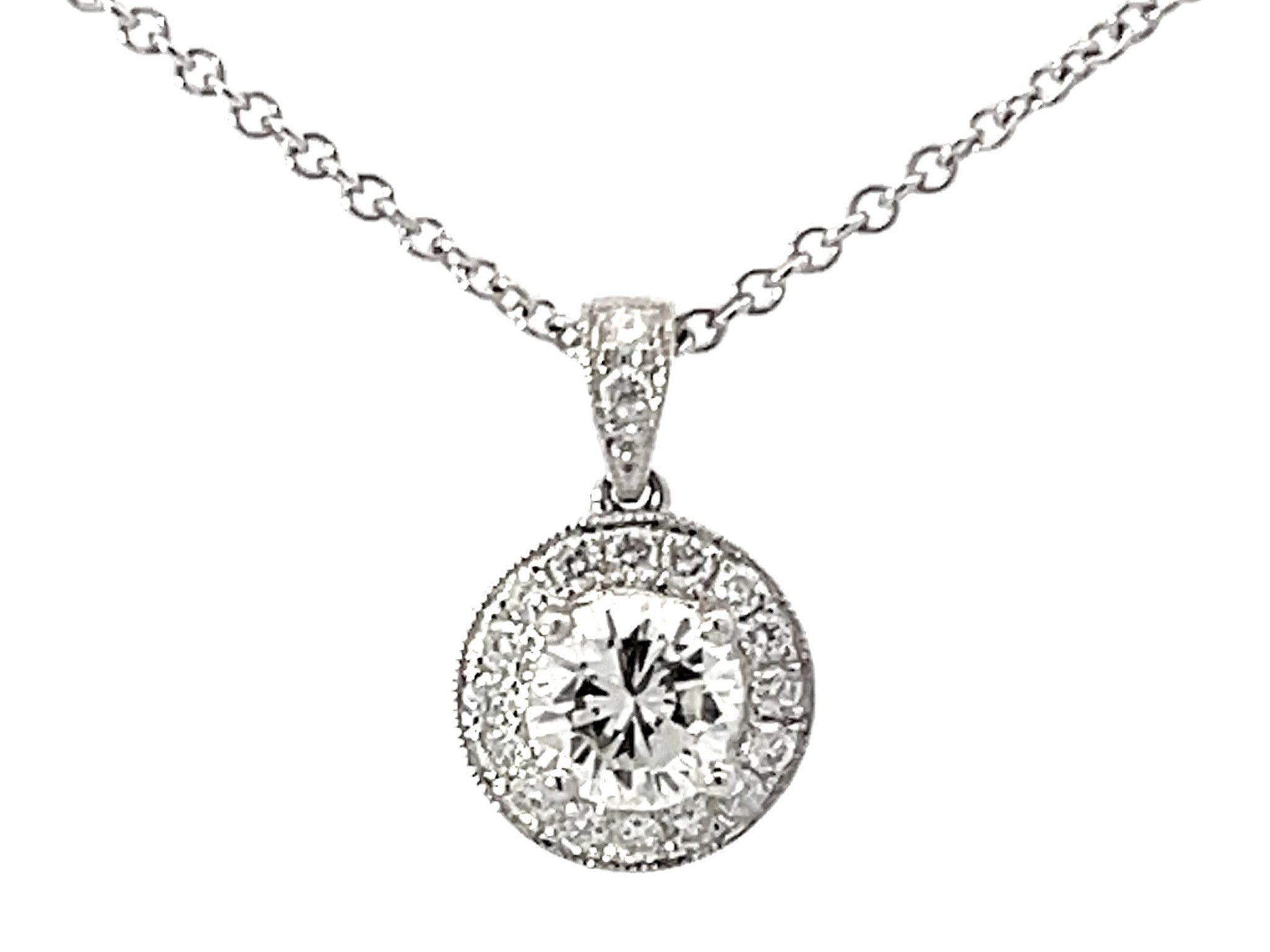 1.15 Carat Center Diamond Halo Pendant Necklace Solid White Gold