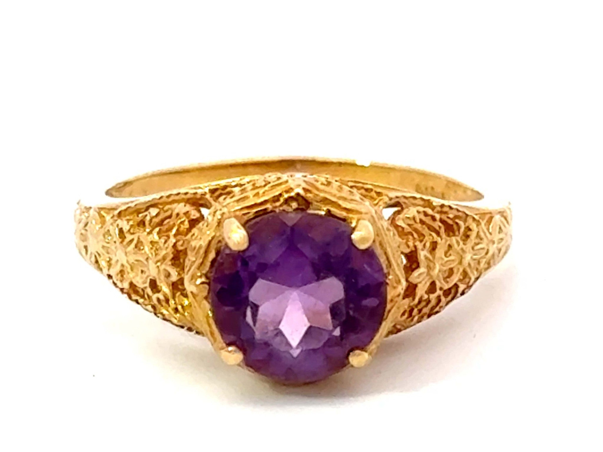 Round Purple Amethyst Filigree Ring 14k Yellow Gold