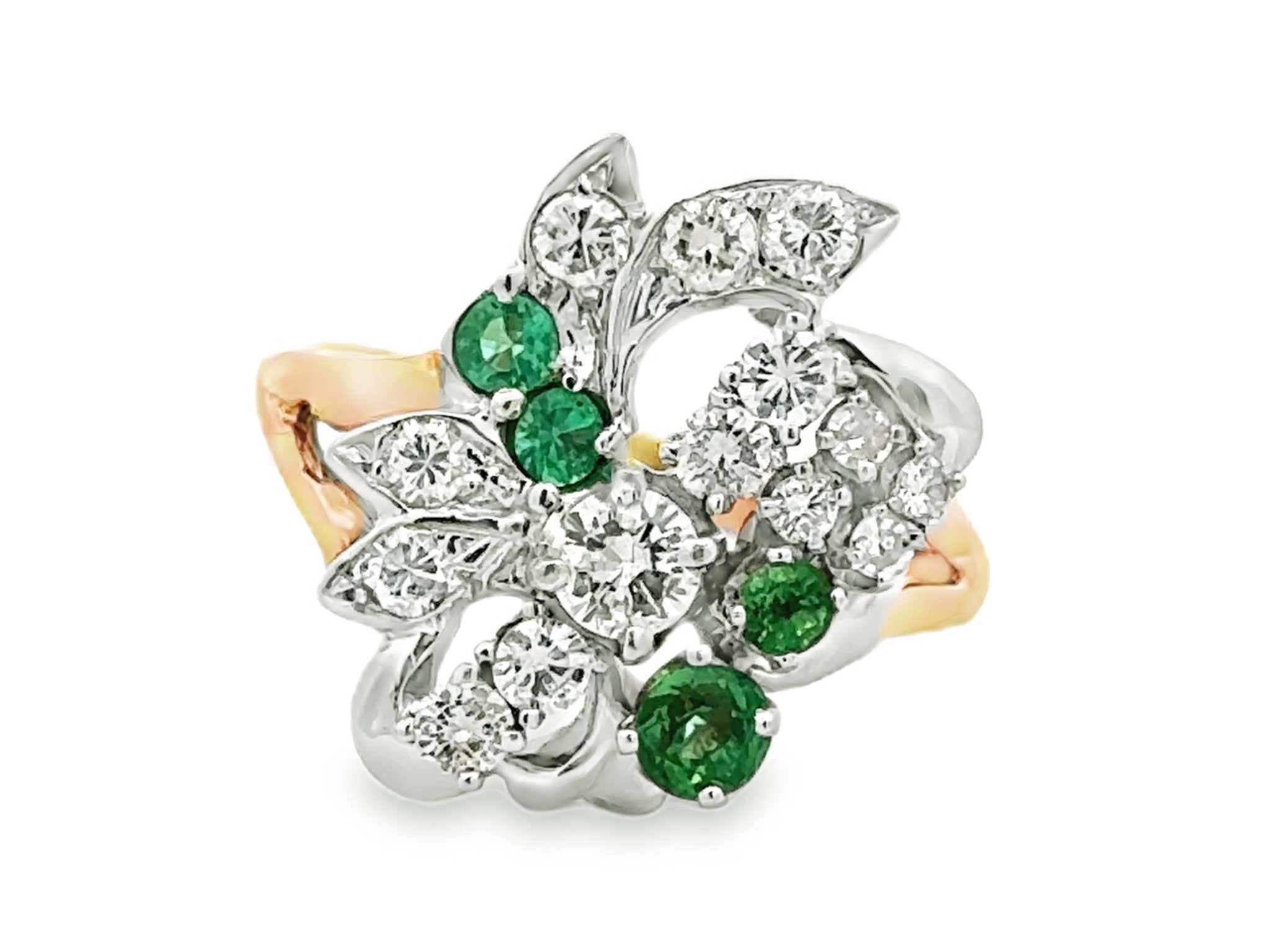 Diamond and Emerald Cluster Cocktail Ring 18k White and Yellow Gold