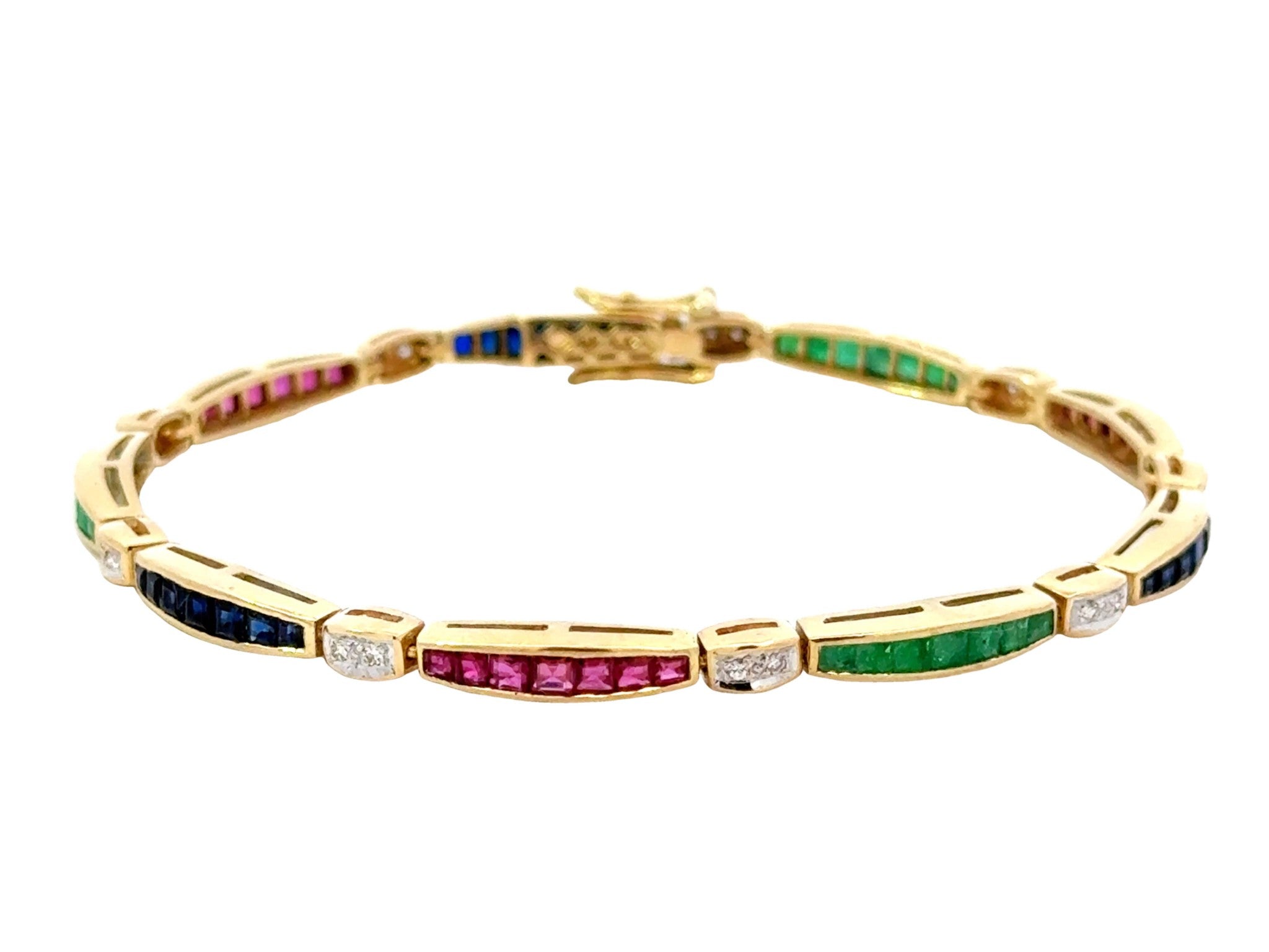 14k Yellow Gold Ruby Emerald Sapphire Diamond Tennis Bracelet