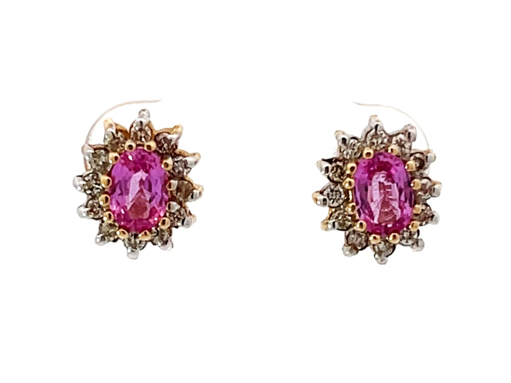 Pink Sapphire Diamond Halo Earrings 14K Gold