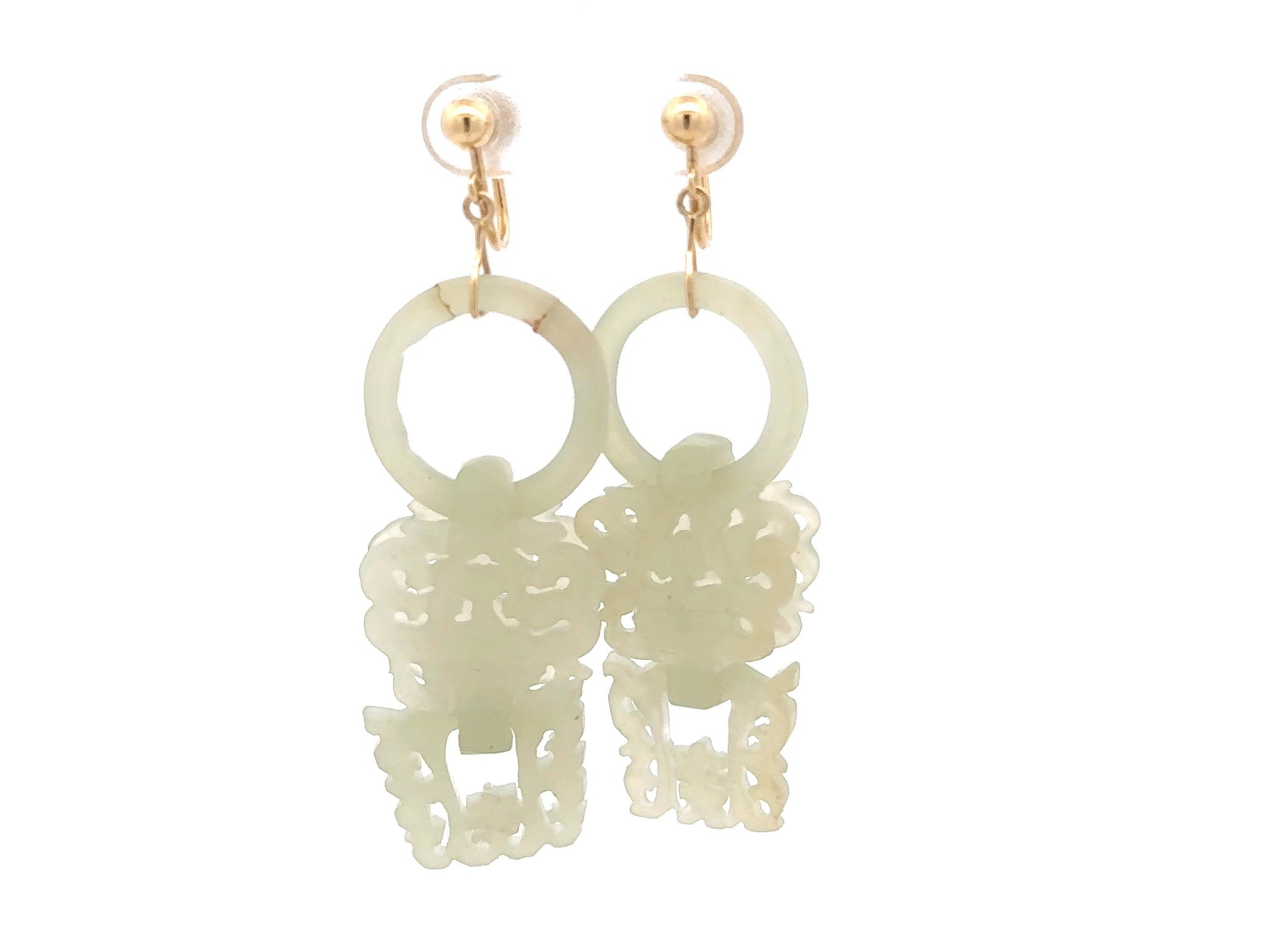 Devils Work White Jade Dangly Earrings 14k Yellow Gold