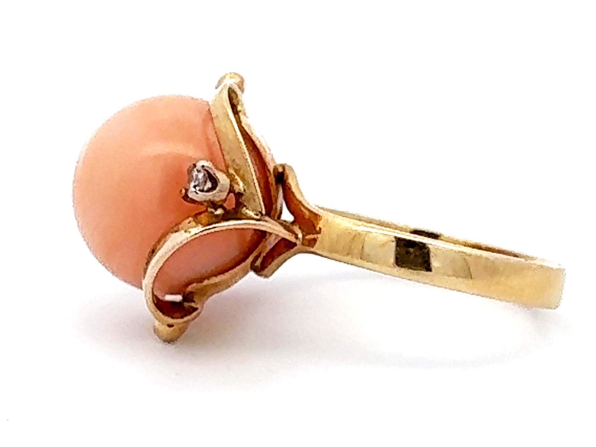 Angel Skin Coral Sphere Diamond Ring 14k Yellow Gold