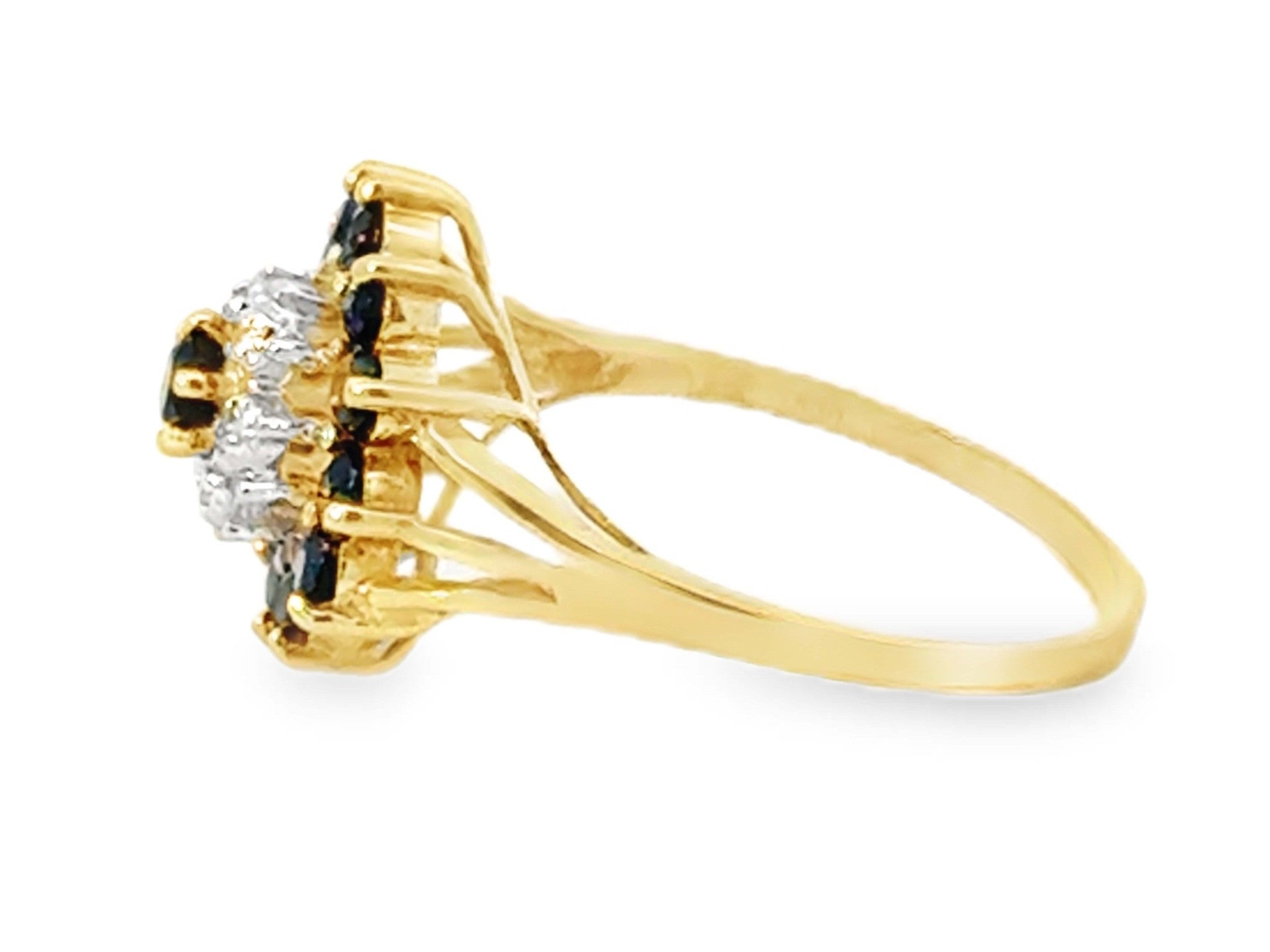 Diamond Halo and Round Sapphire Halo Ring 14k Yellow Gold