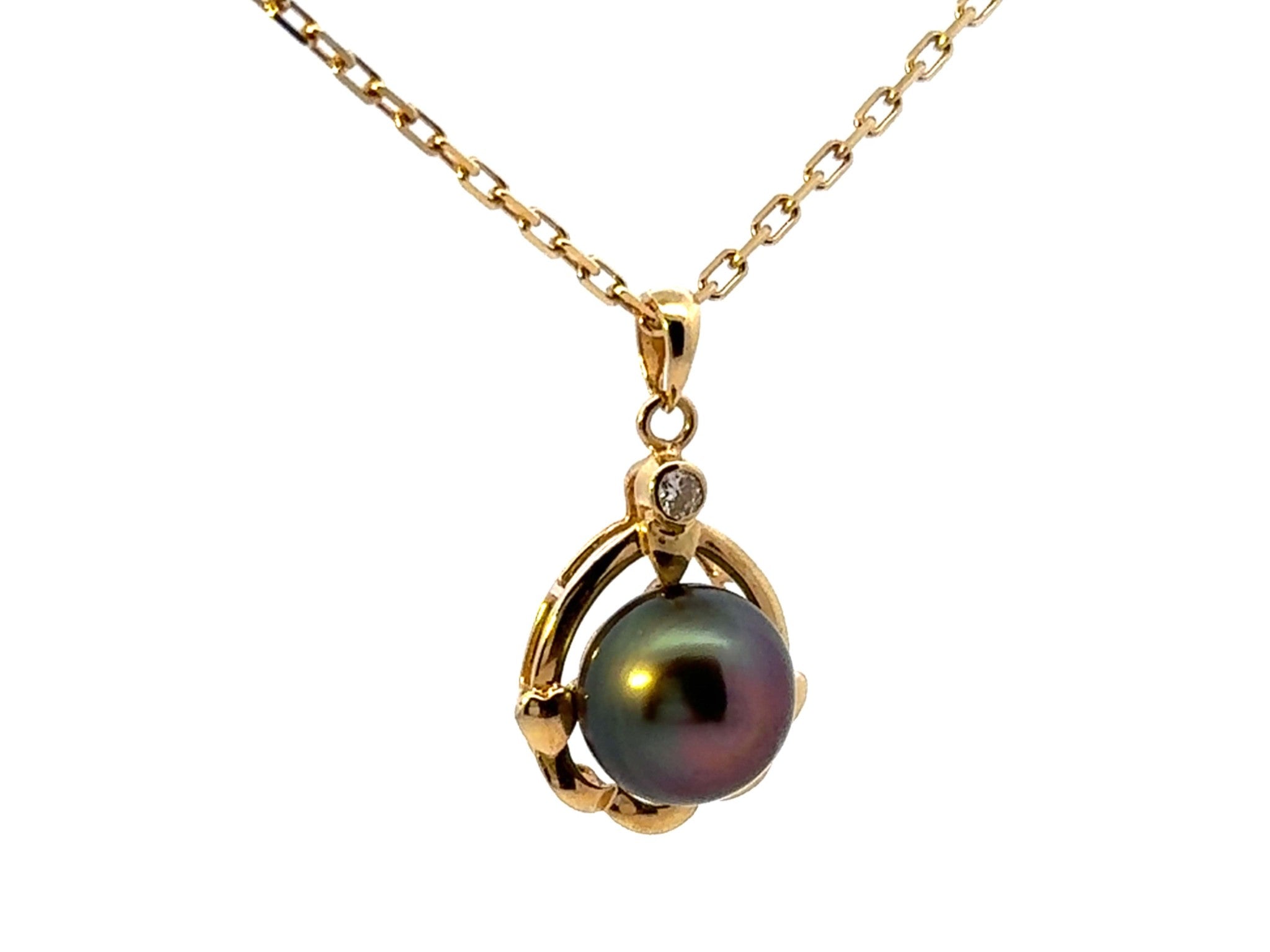 Tahitian Pearl Diamond Pendant Necklace Solid 14k Yellow Gold