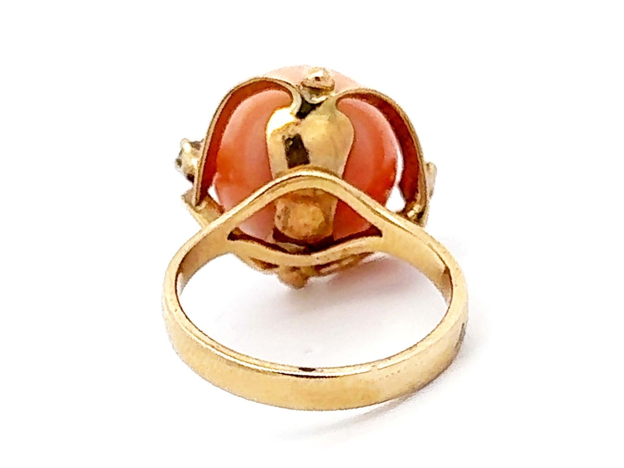 Angel Skin Coral Sphere Diamond Ring 14k Yellow Gold