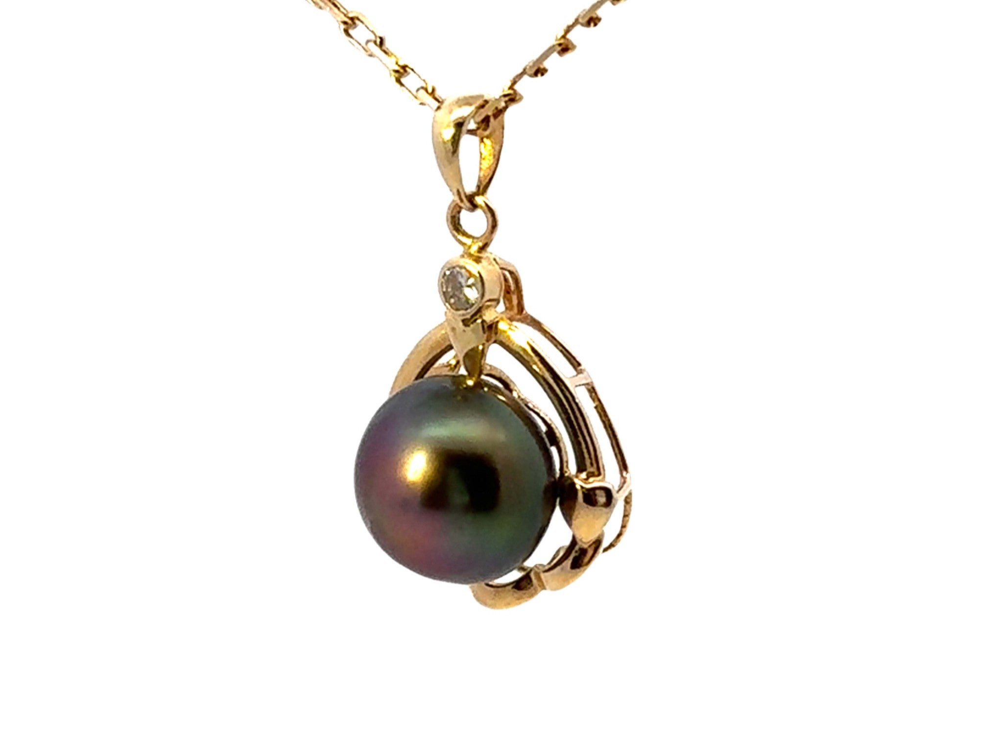 Tahitian Pearl Diamond Pendant Necklace Solid 14k Yellow Gold