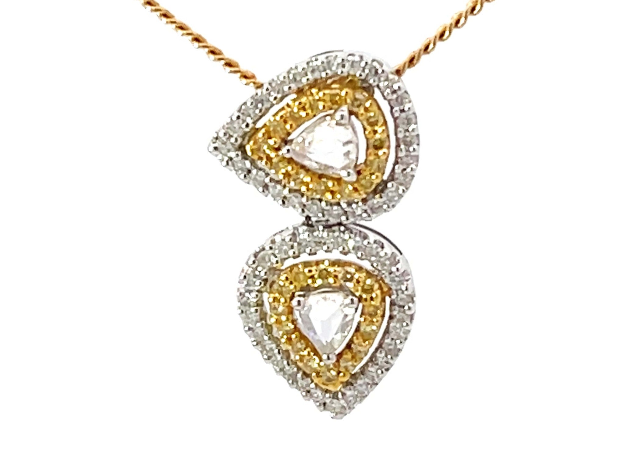 Yellow and White Diamond Halo Pear Shaped Necklace 18k Yellow Gold