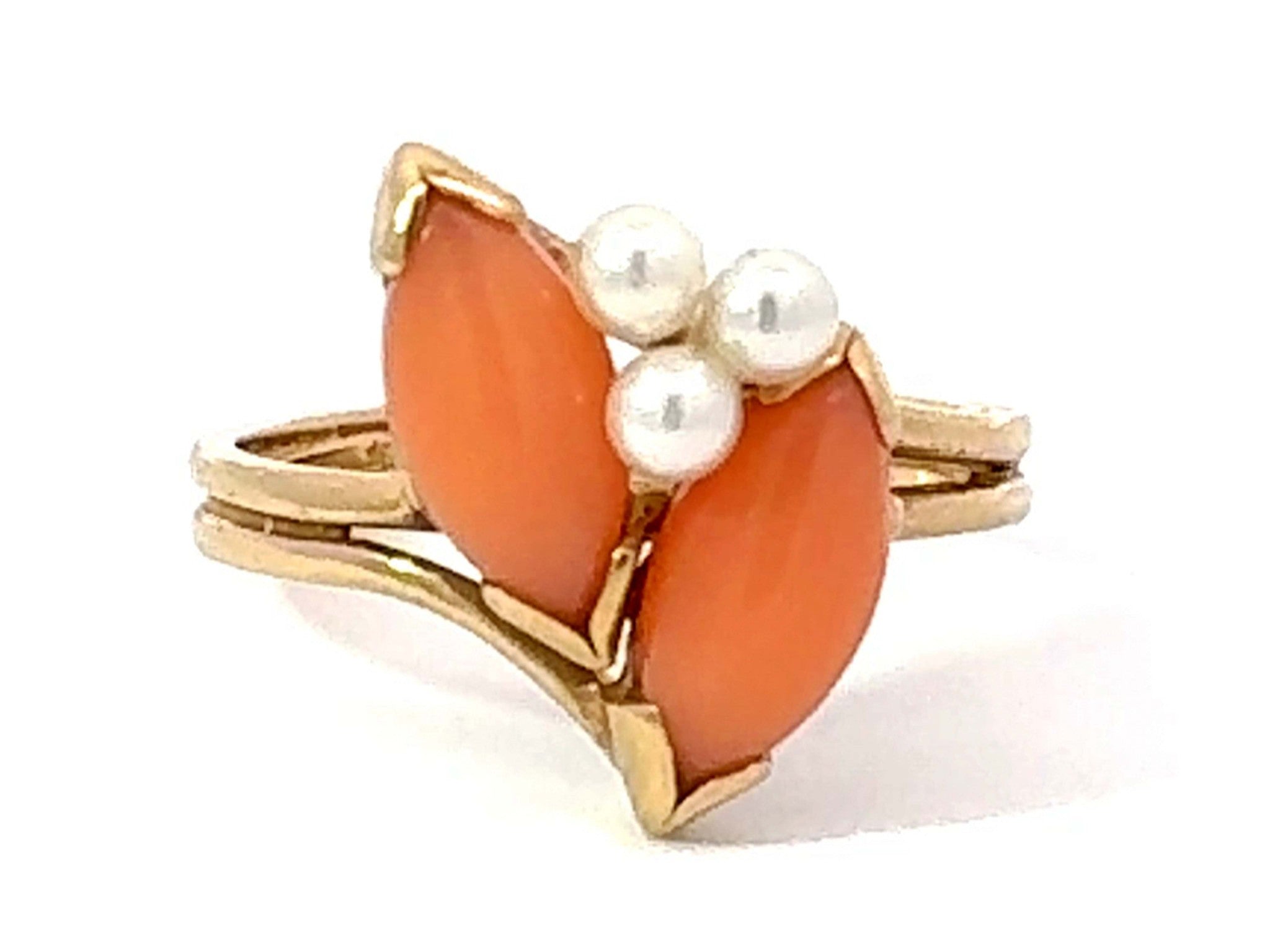 Marquise Angel Skin Coral and Pearl Ring 14k Yellow Gold