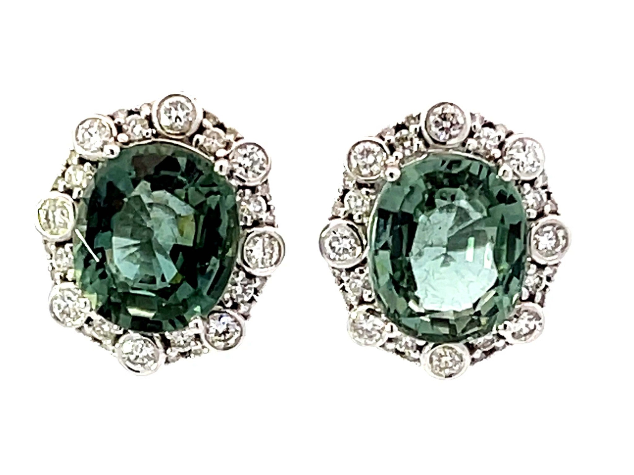 Oval Green Tourmaline Diamond Halo Earrings 18k White Gold