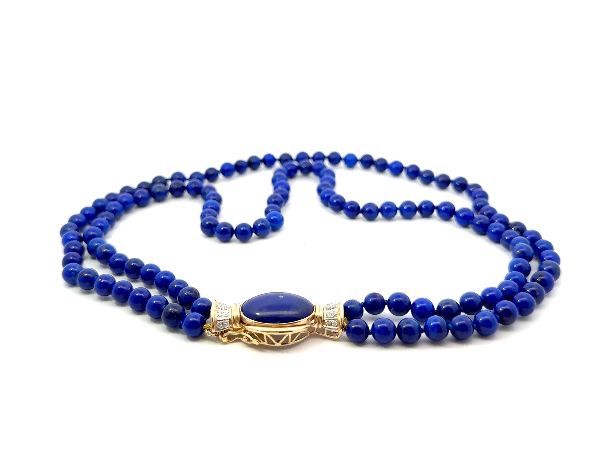 Lapis Lazuli Double Stranded Beaded Necklace Diamond Clasp 14k Yellow Gold