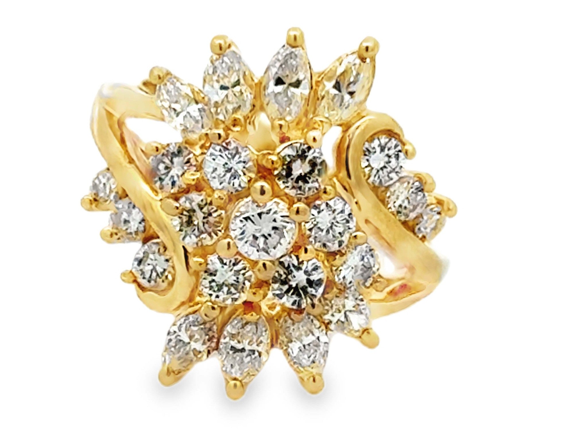 Brilliant and Marquise Multi Diamond Large Cluster Ring 14k Yellow Gold