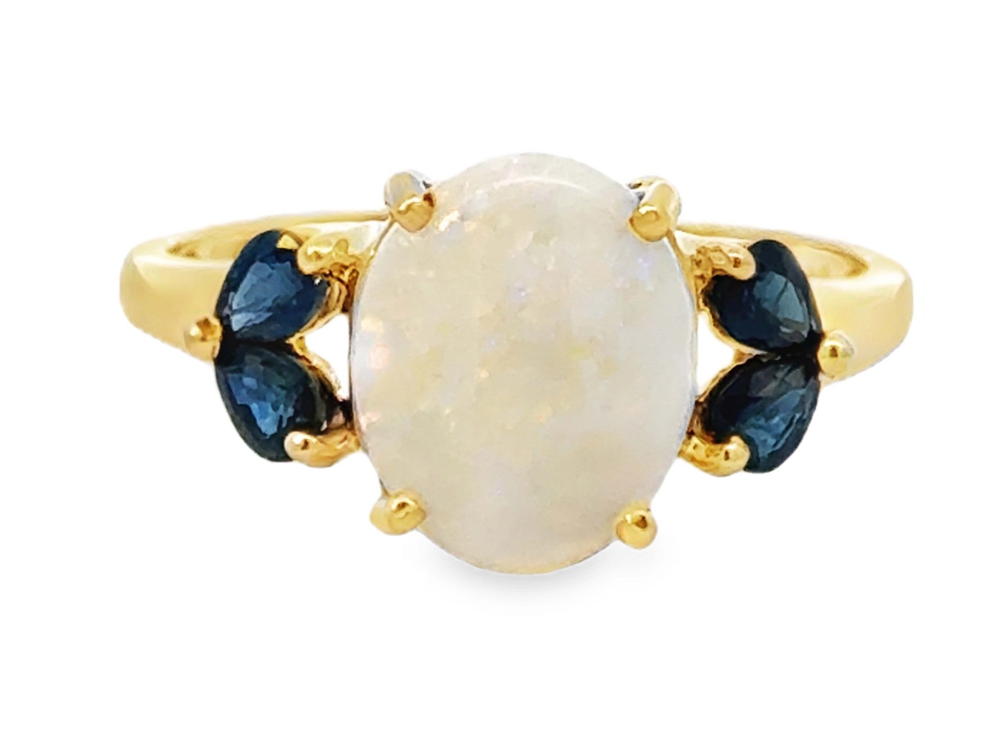 Oval Cabochon Opal and Pear Shaped Sapphires Ring 14k Yellow Gold